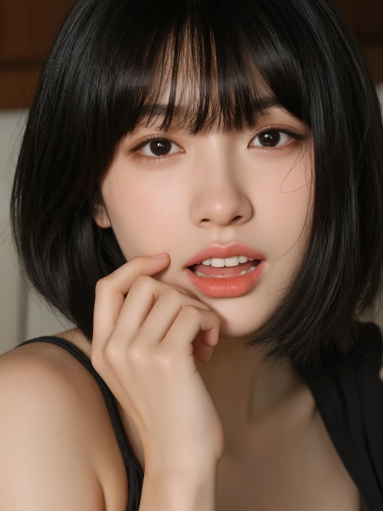 Japanese, 1 girl, high resolution, top quality, High Definition Model, 8-headed and well-styled , textured skin, shows the whole body, Short bob hair with little bulge on both sides, gloss々 black hair, Hair over ears, cute eyes like a girl, Wide Eyes Wide, Black eyes are large , black eyes are facing inward, hanging eye, The light of the strong catchlight is reflected in the eyes, Smaller face, Open your mouth a little and you can see the front teeth of your upper jaw slightly, small nose, Slender facial contours, The jaw is slightly long and the tip is sharp, My cheekbones are thin, The width of the tear bag is large, The upper and lower false eyelashes are thick and long , The eyeliner is darker , The position of the eyebrows is close to the eyes, High nose bridge, The bulge in the nose is small, are short in height among people, Small lips, Salmon pink colored lips, The position of the eyes, nose, and mouth is close to the center of the face relative to the outline of the face, small tits, Upright pose, black slingshot swimsuit, Western-style room with sunlight shining in, Overall bright、 open your mouth slightly, teeth, blushes, The lower body is plump, barefoot, can be seen all the way to the toes,
