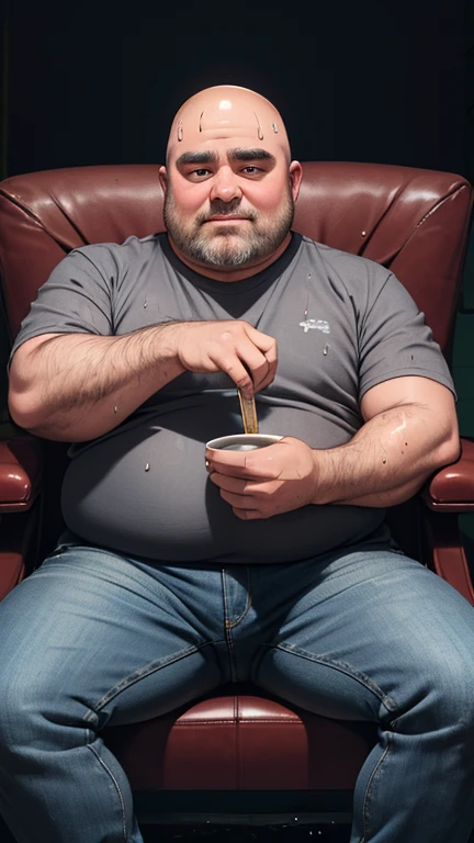 A man sits and eats fried chicken at home every day until he is very, very fat. He has big thighs and is getting fatter, his nipples are hanging down.