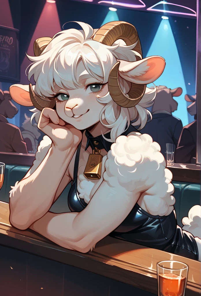 sheep, female, leotard, smirk, blush, looking at the viewer, nightclub, in public, everyone watching, string panties, hands on butt