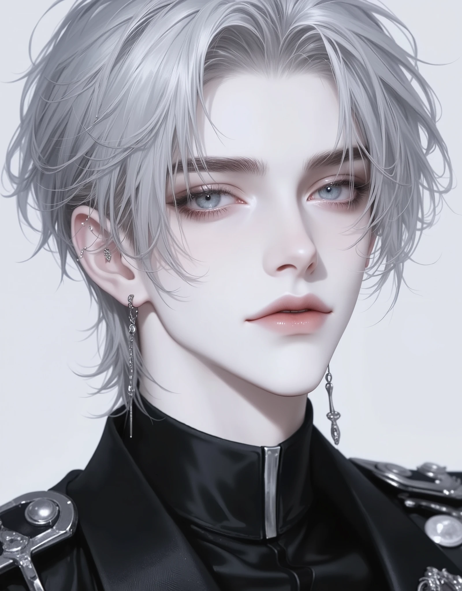 Boy, silver hair, dark blue eyes, white skin, shiny lips, handsome, perfect, wearing a black uniform.