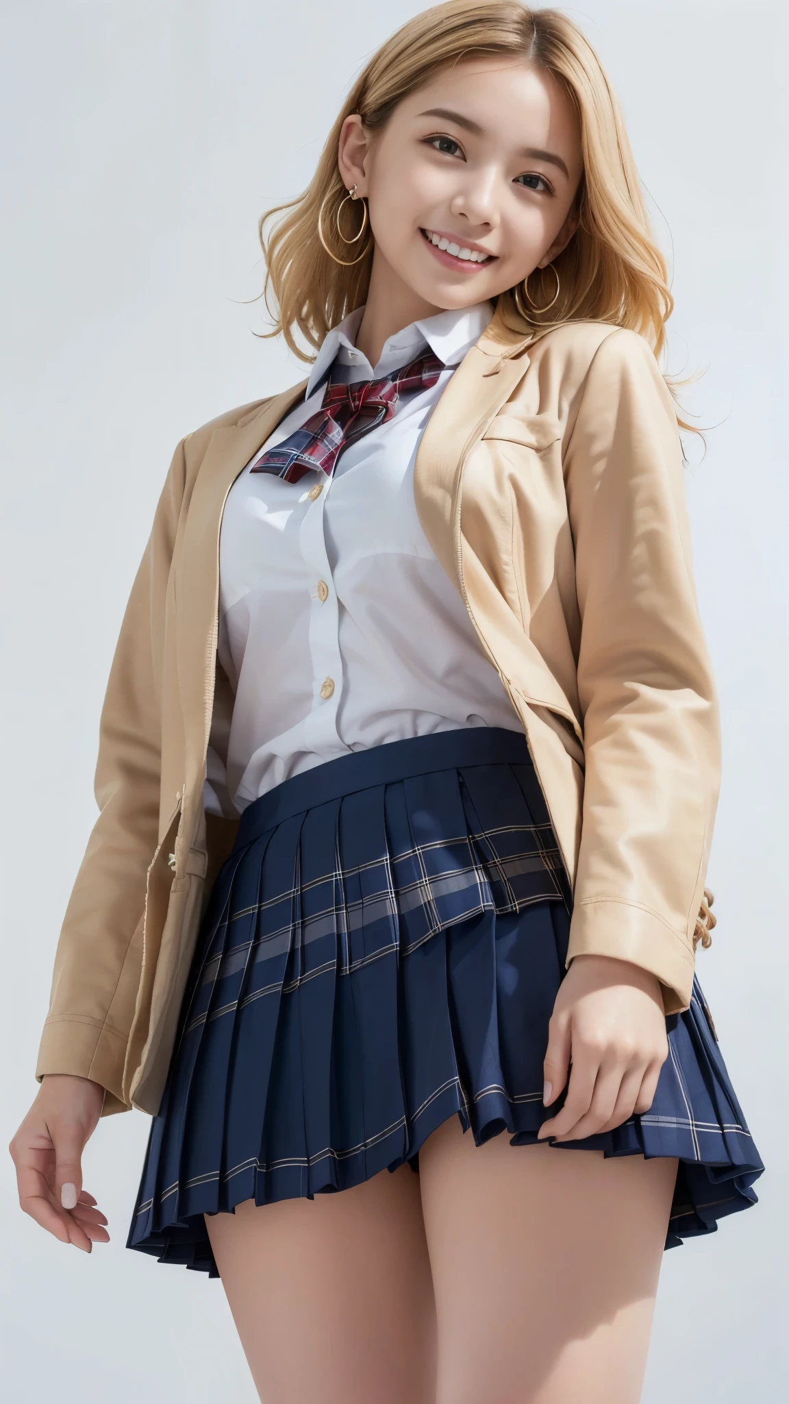 top quality, Masterpiece, super high resolution, high-definition RAW color photo, pro pics, natural skin texture, fine skin, hyperrealism, smiles,(blonde curly hair,Blonde gal,Earrings),Gigantic ass,(( high school girl uniform , white cutter shirt,navy blazer jacket, Plaid Pleated Mini Skirt,minimal background )),(from below)