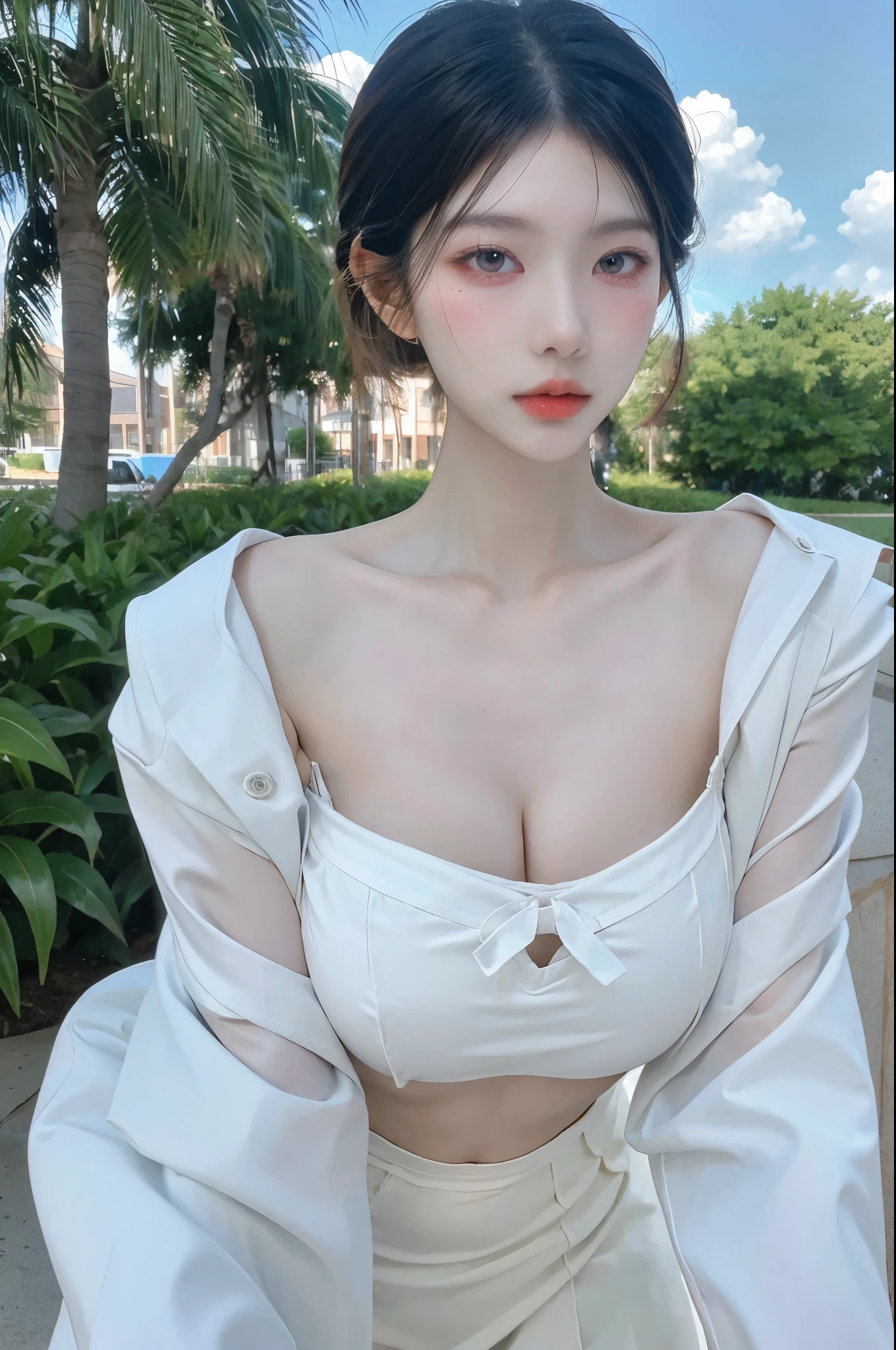 (masterpiece, the best_quality, S上er detailed, 8K, Ultra-high resolution, perfection:1.Long Hair,shining eyes, shy, Blushed, Moist oily skin, Large Breasts, Overflowing big breasts, Big Thighs, Beautiful hip curves, Skimpy, Facing the audience, Windows, Korean Goddess,Off-the-shoulder white shirt,Tight Skirt, Thick lips,Not compact,下垂的Large Breasts,Gorgeous Korean model, Beautiful young Korean woman, Thick lips,Duck mouth,Asian Girl,watching the future,Portrait photography,Mr.々Such a situation,Emphasized breasts,Ultra HD,CG-like face,Outdoor