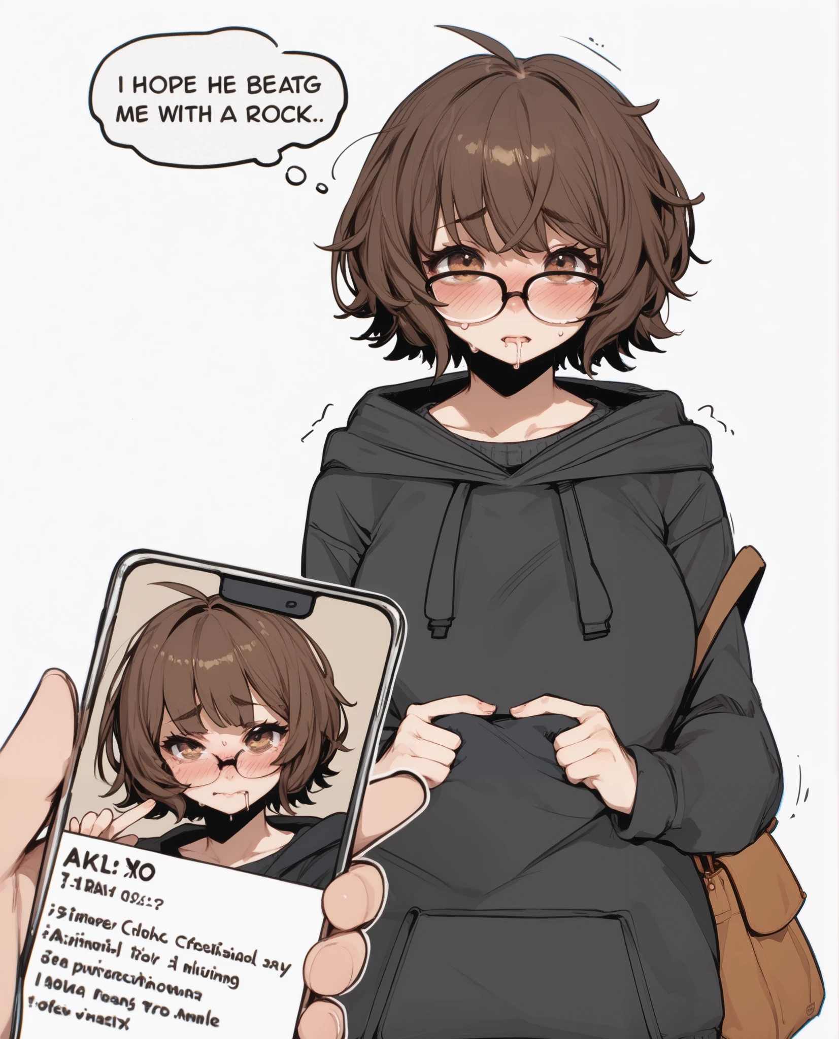 short hair, brown hair, blush, shy expression, drooling, BREAK, Black sweater, glasses, bag, hazel eyes,