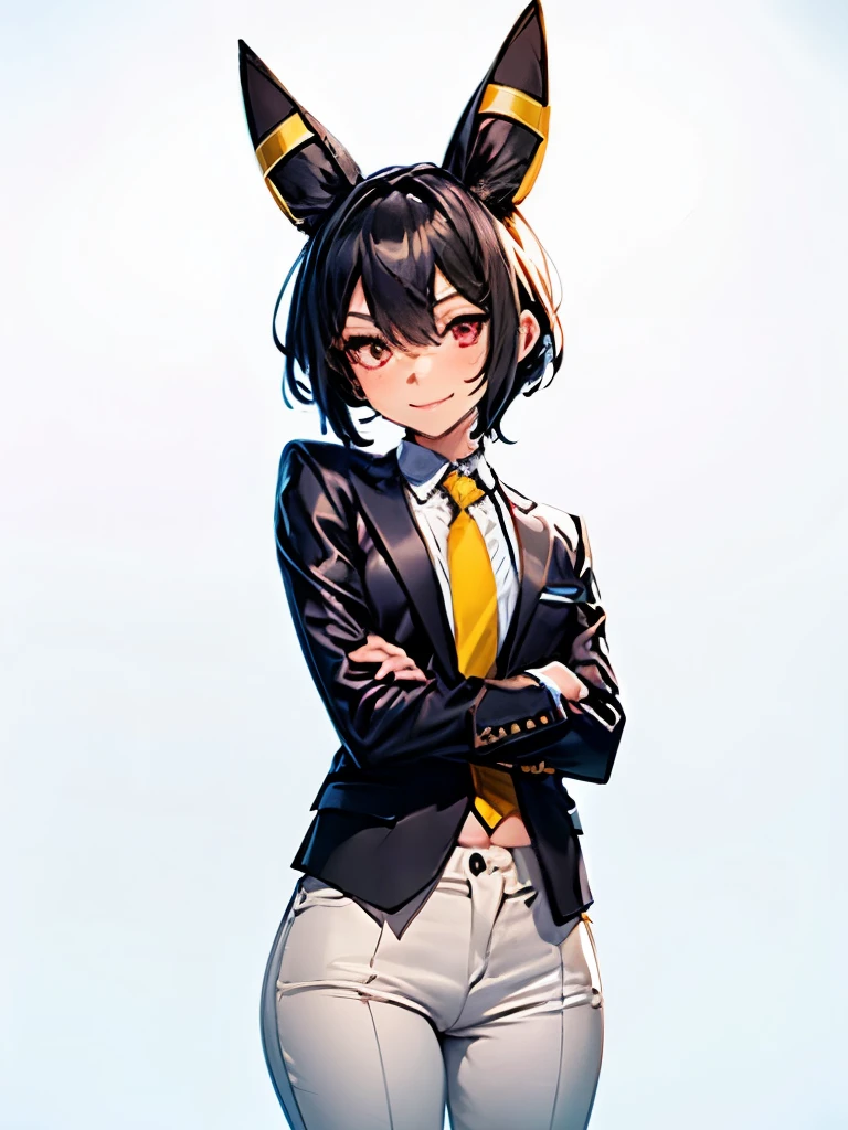 A girl with red eyes, Umbreon ears with a horizontal yellow stripe in the middle, jet-black hair with pixie cut and seductive smile , wearing a black dress suit , White shirt, black pants, black jacket and pastel pink tie , Everything fits the body and highlights its curves. He has a flat chest , Small hips and small waist , but a well-trained butt .