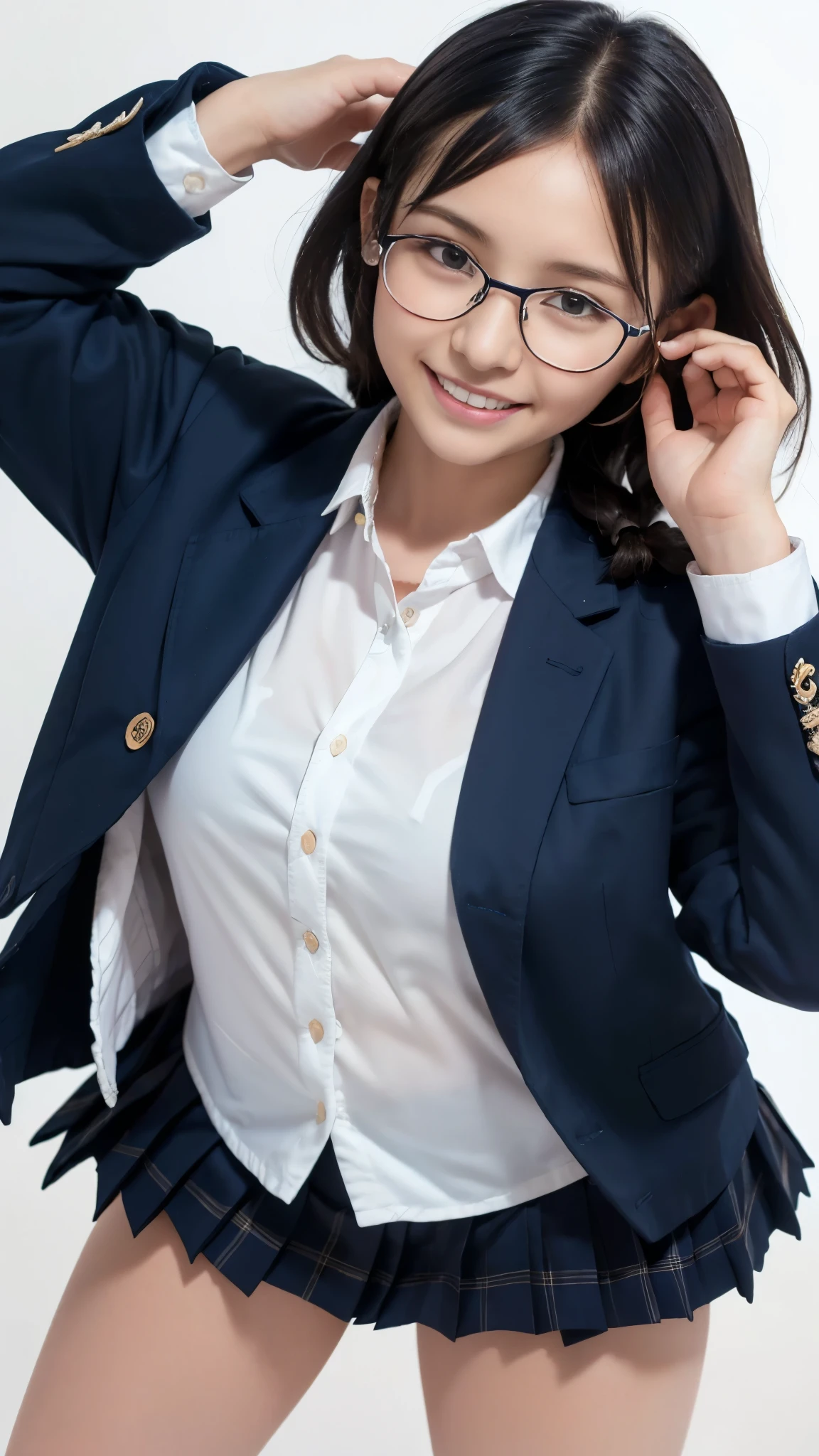 top quality, Masterpiece, super high resolution, high-definition RAW color photo, pro pics, natural skin texture, fine skin, hyperrealism, smiles,(Black hair braids,Glasses),Gigantic ass,(( high school girl uniform , white cutter shirt,navy blazer jacket, Plaid Pleated Mini Skirt,minimal background )),(from below)