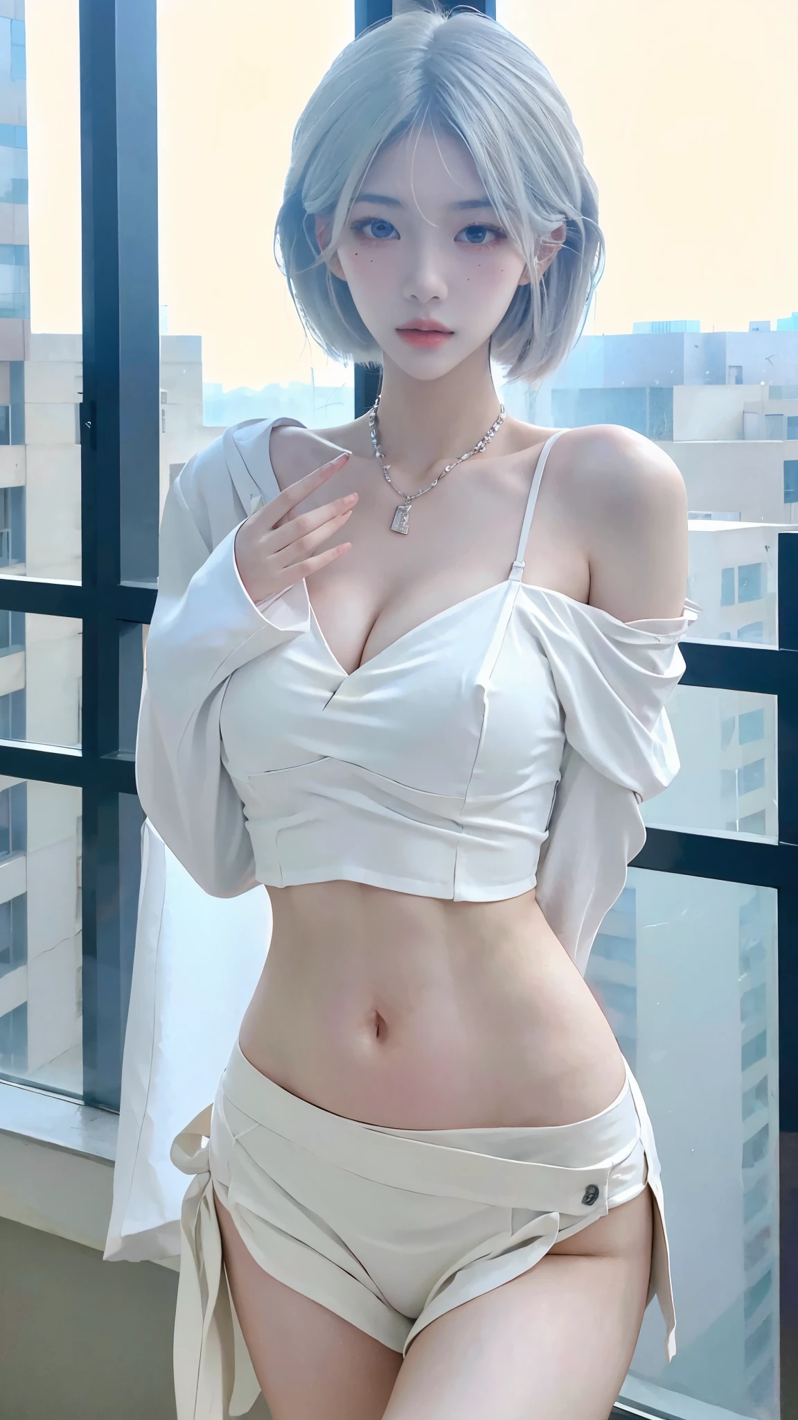 Beautiful woman with perfect figure:1.4,Layered hairstyle,White skin,Prominent cleavage,Bikini:1.5,Super short pleated skirt,whole body,Very delicate facial and skin texture,Double eyelids,Skin Whitening,Long white hair