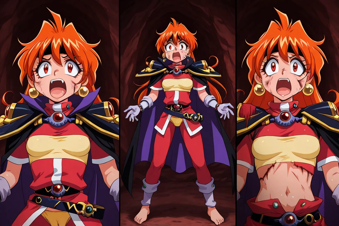 1girl, solo, (lina inverse, 1girl, orange hair, big eyes, red eyes, fang,
earrings, jewelry, gloves, headband, yellow chest protector, red shirt, black shoulder armor, cape,red pants, belt, yellow underwear on pants,),, obra maestra, mejor calidad, alta resolución, 8k,, inside a stomach, stomach interior, scared face, full body shot, wet, wide open mouth, (open mouth 3.0), screaming, barefoot, injuries, scratches, blood, detailed mouth, uncensored, multi panel image,