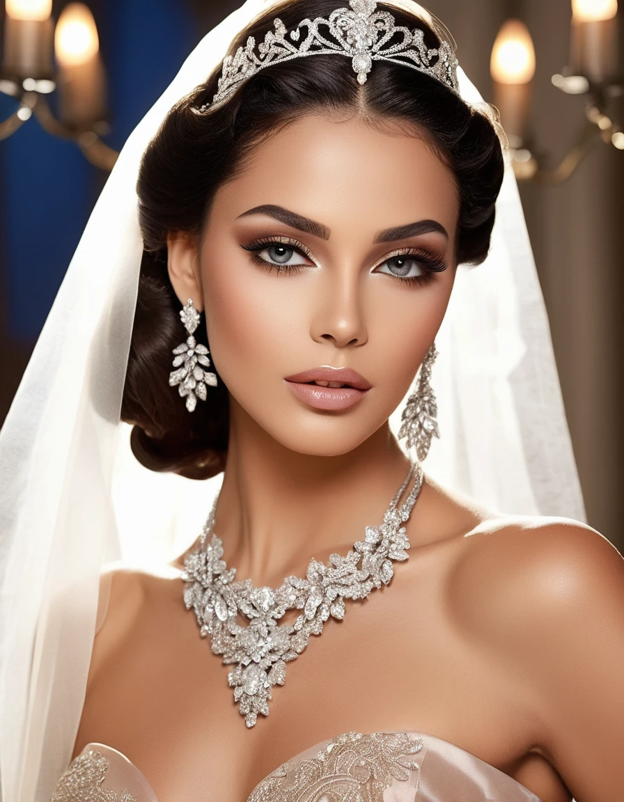 Lebanese lady, earrings, necklace, bracelets, diamonds, 40 years old, strapless wedding dress, tiara and veil, bouquet, western style wedding, bright colors, smokey eyes, red lips, glossy lips, cleavages, small chest, doll lashes, blushing, happy, eyeshadow, smiling, face covered with veil, looking down, shy, eyes closed