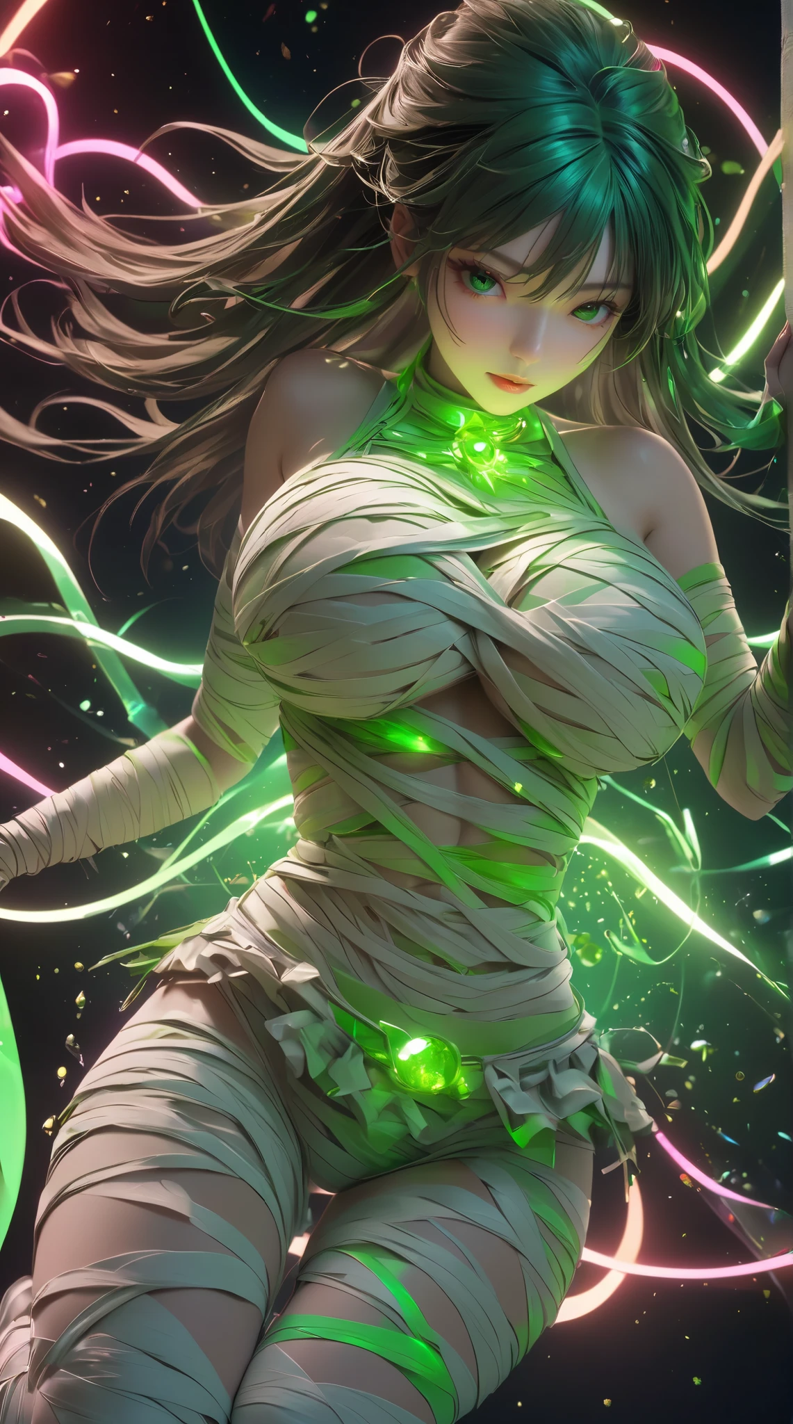 woman、Green Bandaged Mummy Man , Green Moon, ray tracing, Masterpiece,ultimate、 top quality , super quality next to each other , irrational detail , best light, sharp, sharp image,, Details, extremely Details, high resolution, 16k, 超 high resolution, particle effect , Beautiful Effects, bright color , neon light, neon, light, close-up、 super huge breasts :1.5 、Extra thin waist :1.5、 realistic textured face and skin、 photorealistic、Original photo、Unconventional、 dynamic motion:1.2、 on all fours、 beautiful symmetrical face 、 overhead shot :1.2、 realistic textured digital art、3d CGI ,