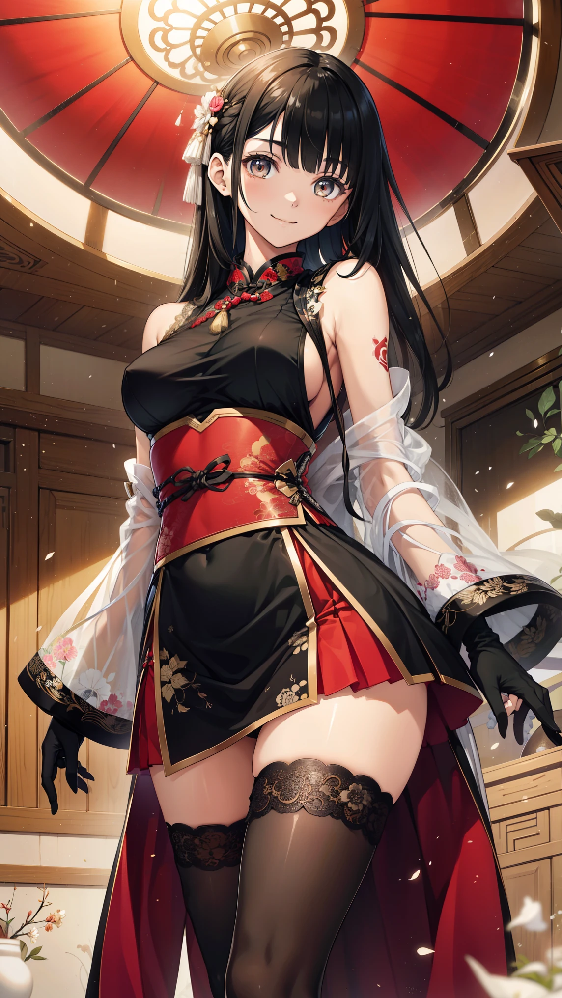 (Masterpiece, 4k resolution, ultra-realistic, very detailed), 1 girl, fox ears, fox girl, (multiple fox tails:1.5), sidelocks, brown hair, very long hair, bangs, (red eyes1.6), (red eyeliner:1.6), beautiful goddess woman, 40 years old, japanese clothes, tight clothes, cleavage, perfect body, perfect breasts, tight black skirt, clothing cutout, thighs, (no panties:1.5), gloves, smile, white clothes,