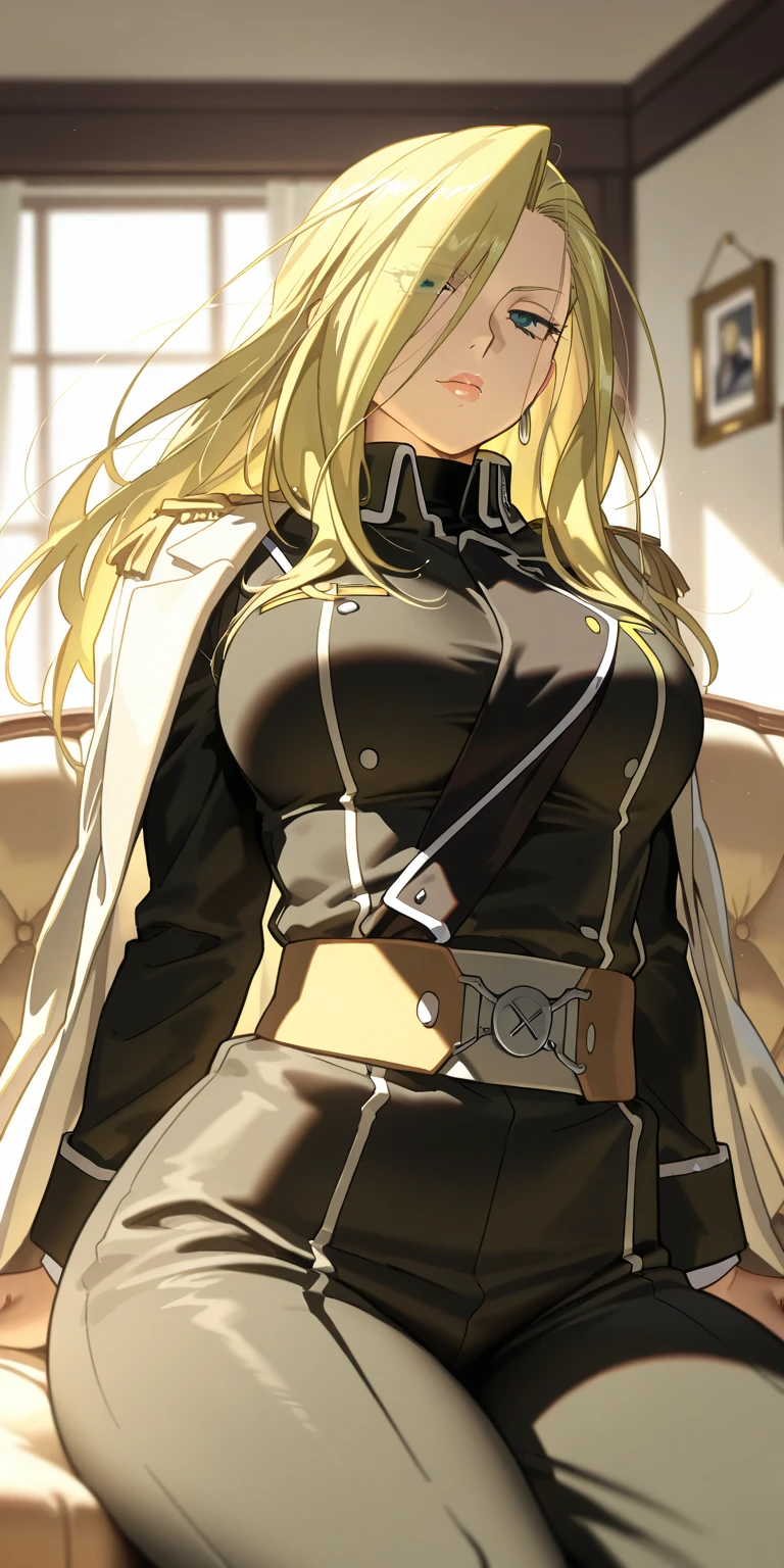 masterpiece, (flat colors), (1girl), solo, blonde hair, french braid, blue eyes, lustful face, blushed, smile, choker, black shirt, white armor, large breasts, ((black shorts)), thighhighs, boots, full height
