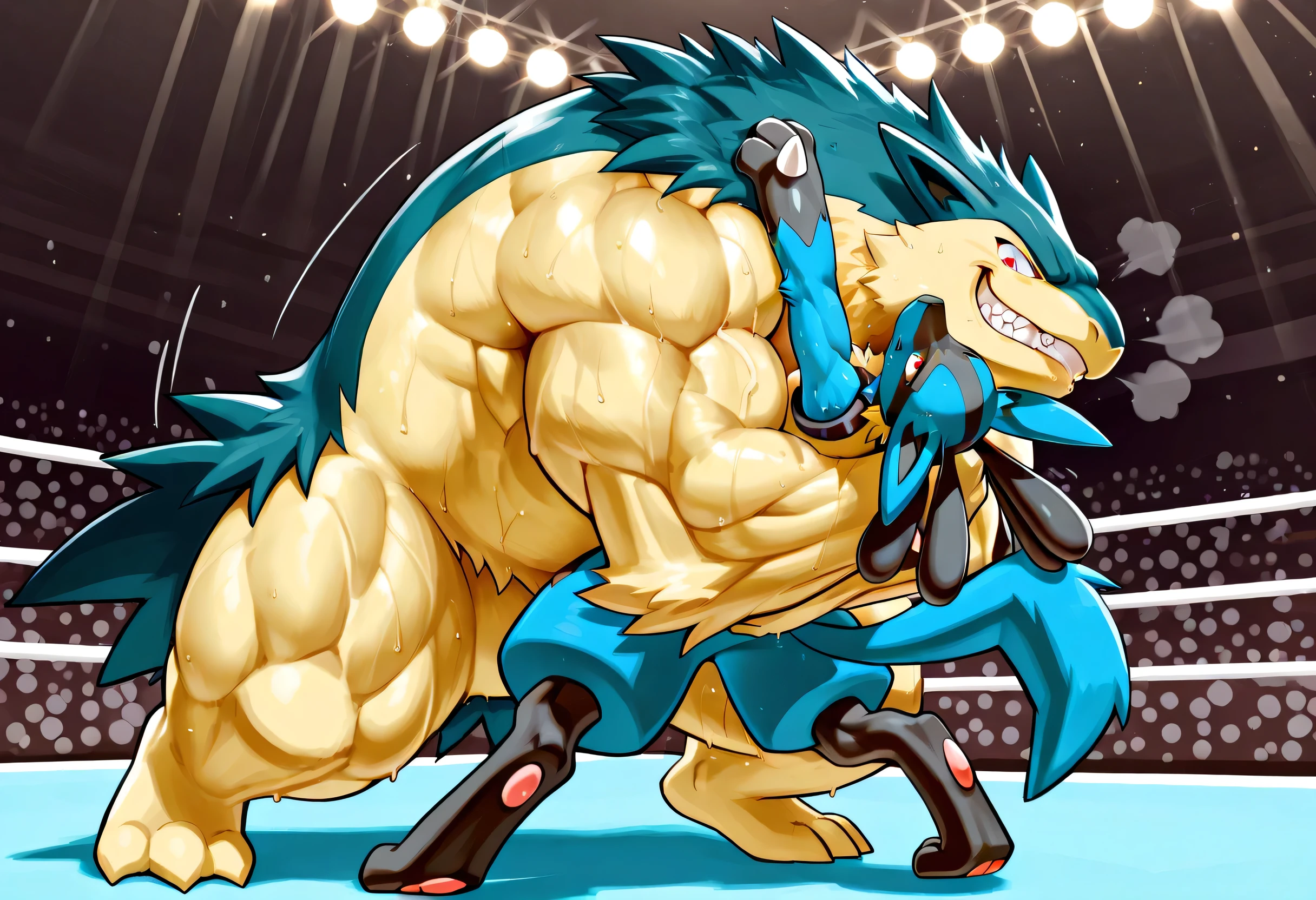 4k ultra quality, 4k full body view,masterpiece quality, giant typhlosion dominates small lucario, wrestling, bearhug, [lucario:pain, arched back, close eyes, very small build, young], [typhlosion:carrying person, lift up lucario, arched back, hugging, giant bulky muscular, massive strong body, looking down, evil grin, sweaty, male focus],size difference carrying, dominating, from below