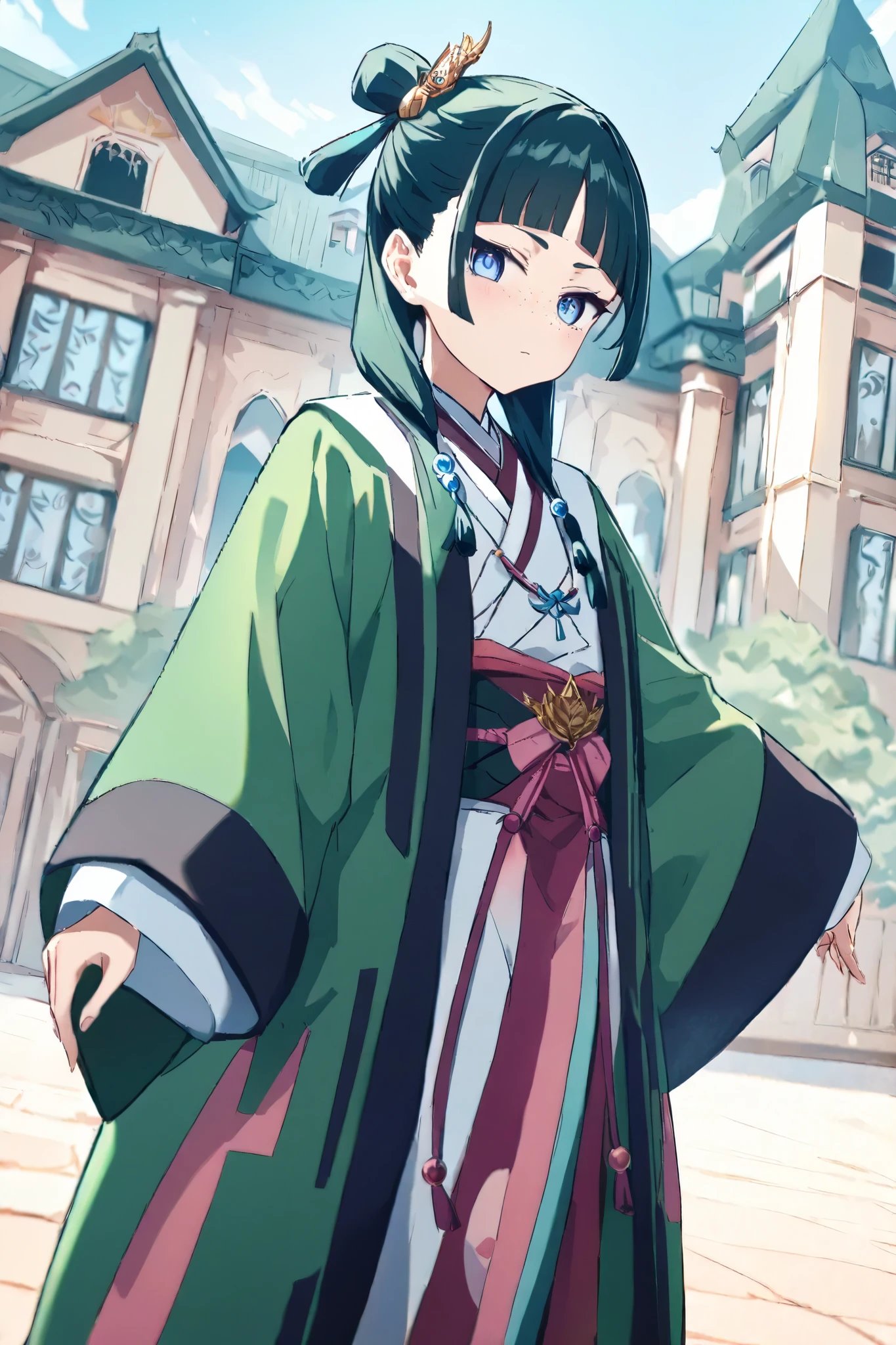 NSFW, Masterpiece, top quality, high resolution, very detailed,maomao、 long hair、bangs、 blue eyes、 hair ornament、 green hair、鈍いbangs、Freckles、 bun hair、 single bun, kimono、Robe、緑のRobe、 Long Sleeve、wide sleeve 、 skirt、赤い skirt,Mansion, zitoida