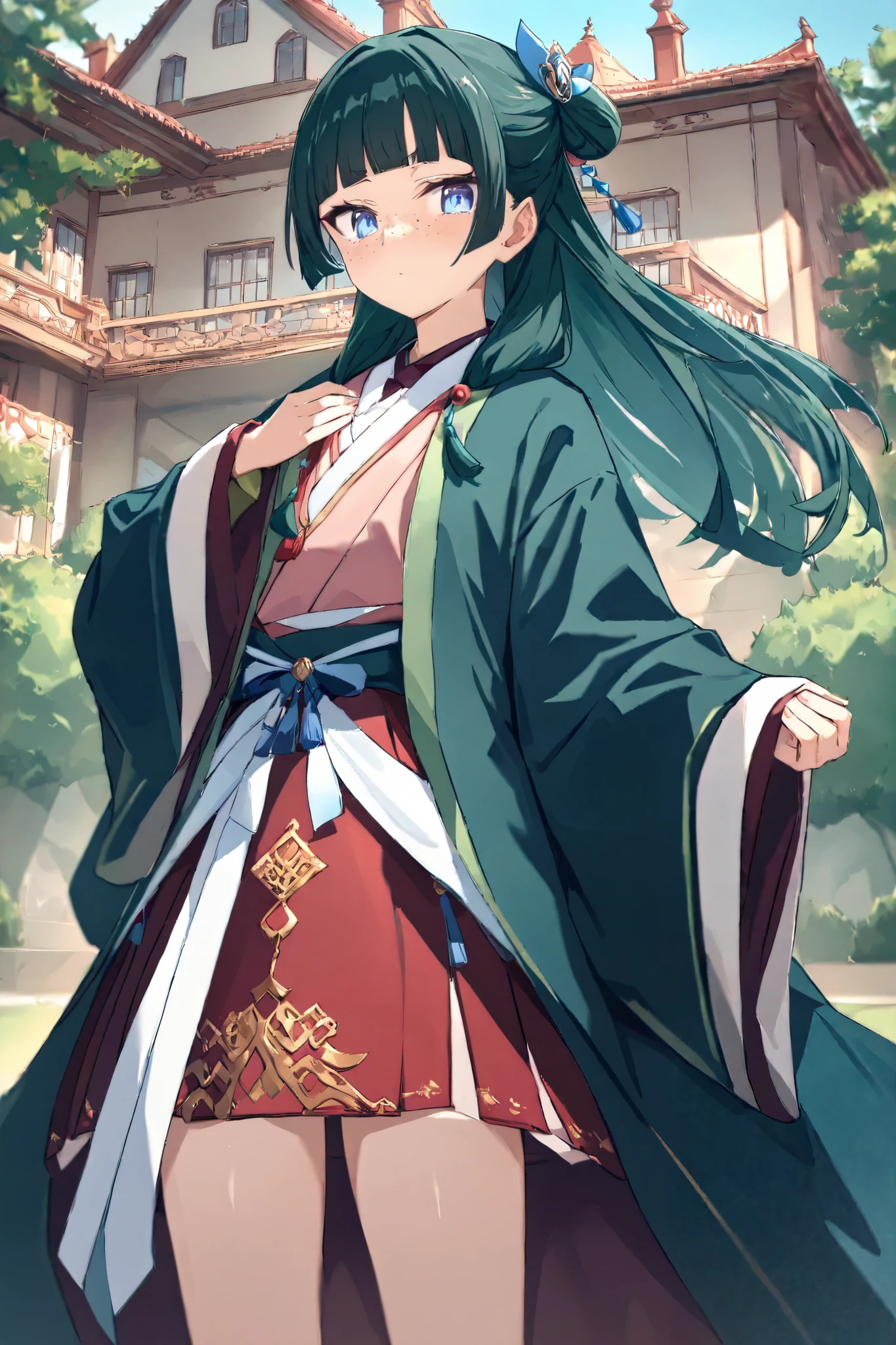 NSFW, Masterpiece, top quality, high resolution, very detailed,maomao、 long hair、bangs、 blue eyes、 hair ornament、 green hair、鈍いbangs、Freckles、 bun hair、 single bun, kimono、Robe、緑のRobe、 Long Sleeve、wide sleeve 、 skirt、赤い skirt,Mansion, zitoida