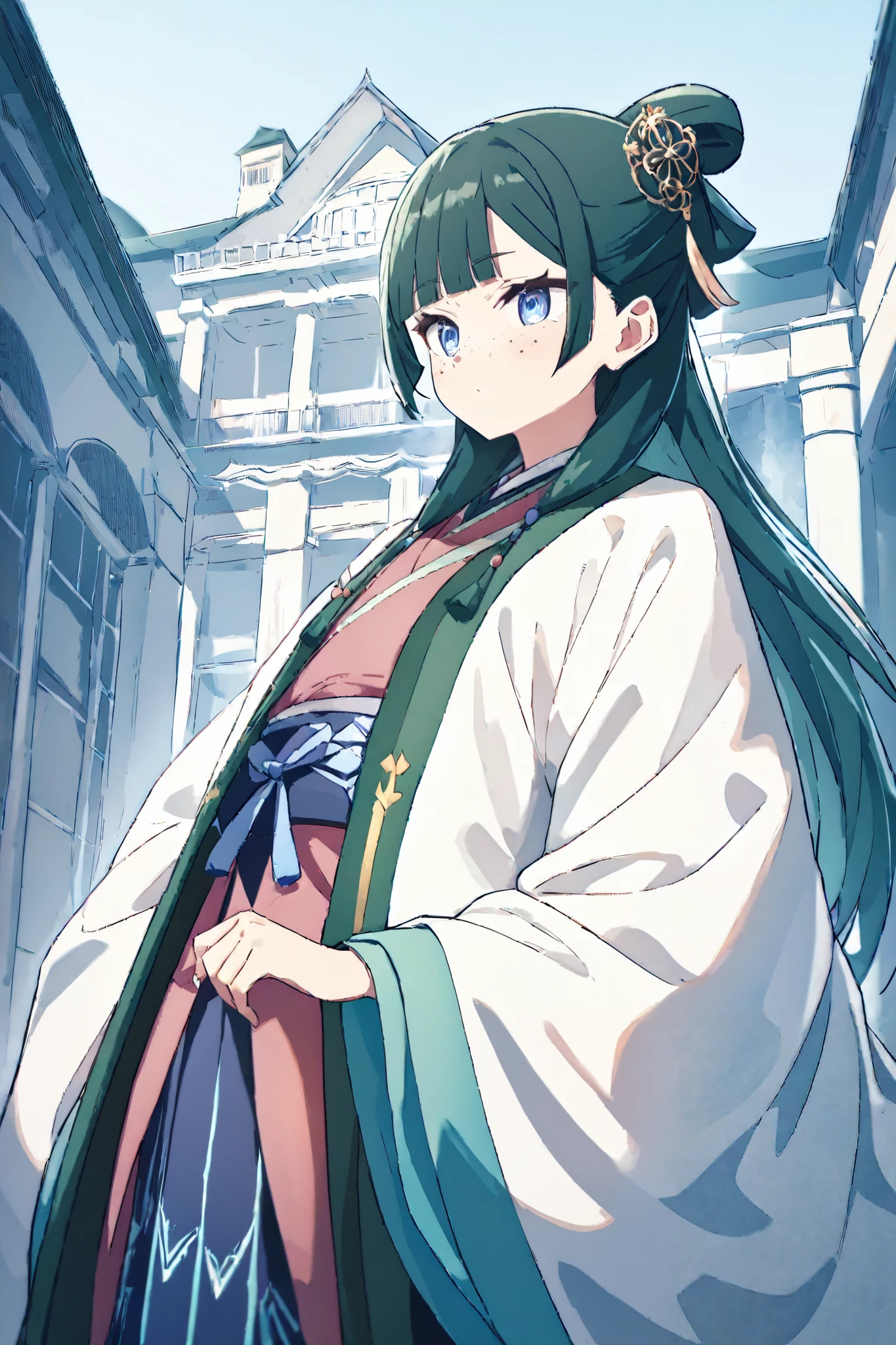 NSFW, Masterpiece, top quality, high resolution, very detailed,maomao、 long hair、bangs、 blue eyes、 hair ornament、 green hair、鈍いbangs、Freckles、 bun hair、 single bun, kimono、Robe、緑のRobe、 Long Sleeve、wide sleeve 、 skirt、赤い skirt,Mansion, zitoida