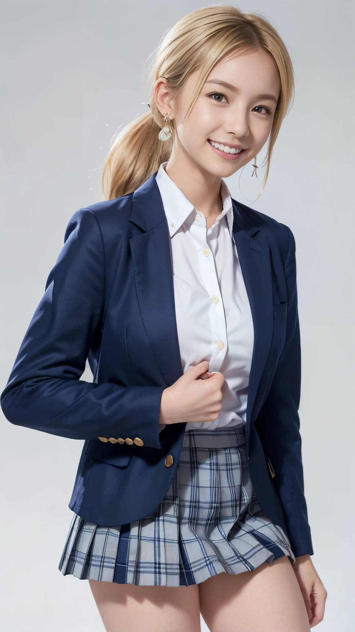 top quality, Masterpiece, super high resolution, high-definition RAW color photo, pro pics, natural skin texture, fine skin, hyperrealism, smiles,(blonde ponytail,Blonde gal,Earrings),Gigantic ass,(( high school girl uniform , white cutter shirt,navy blazer jacket, Plaid Pleated Mini Skirt,minimal background )),(from below)
