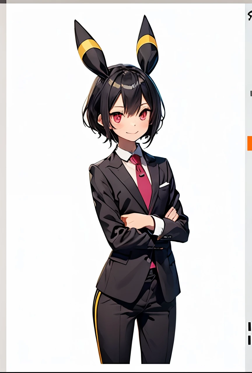 A girl with red eyes, Umbreon ears with a horizontal yellow stripe in the middle, jet-black hair with pixie cut and seductive smile , wearing a black dress suit , White shirt, black pants, black jacket and pastel pink tie , Everything fits the body and highlights its curves. He has a flat chest , Small hips and small waist , but a well-trained butt .