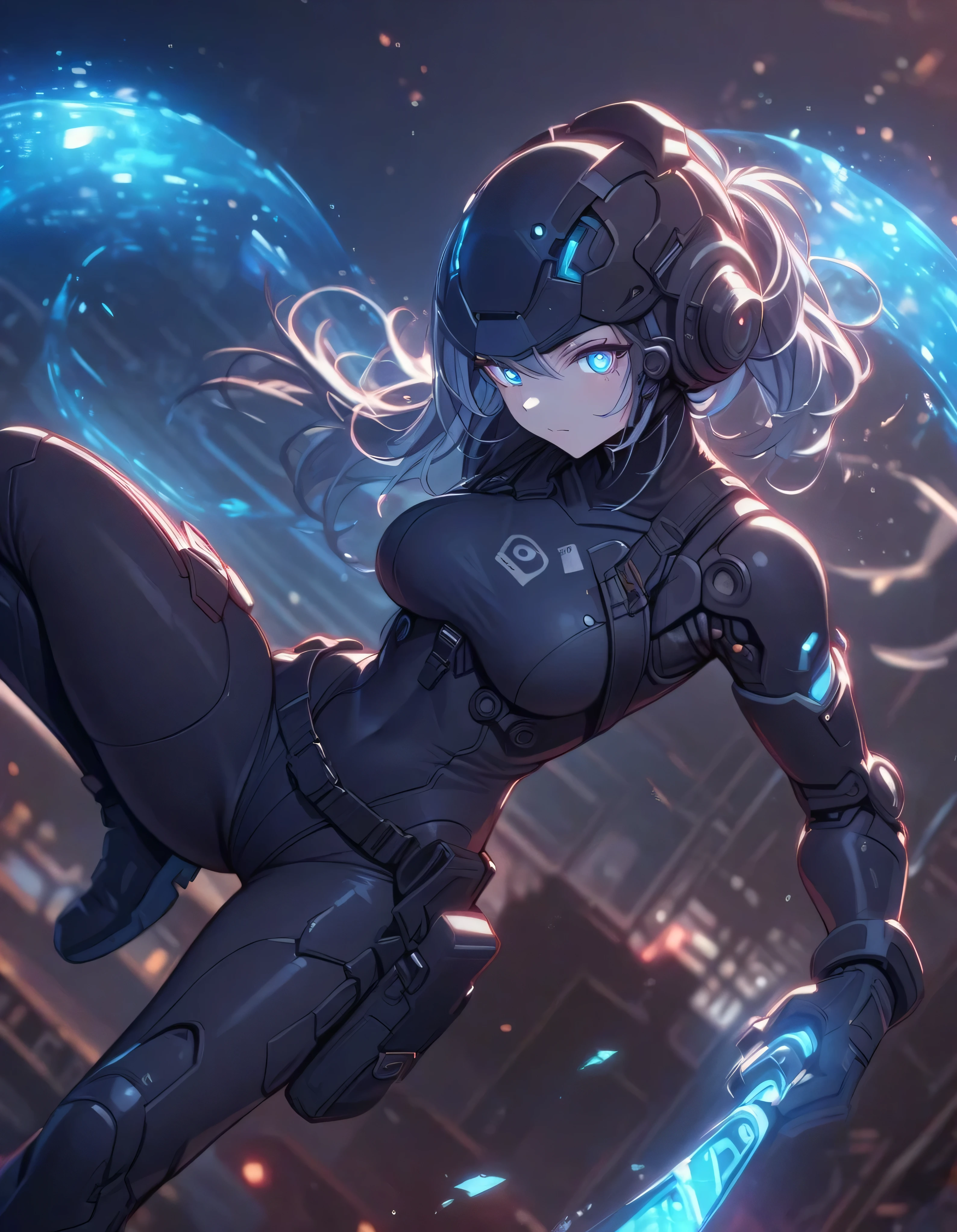 (Holographic glow effect), Top quality, (Ultra high resolution), One girl, solo, Cyborg female, ((Blue glowing eyes): 1.2), Mechanical eye, Glowing eyes, Detailed eyes, Futuristic glow eyes, Well-defined eyes, Highly detailed face, Cowboy shot, Spaceship, (Tactical cyber bodysuit, Tactical cyber helmet, Detailed visor, Tactical holster, Elbow-length tactical gloves, Long boots), Standing with legs apart, (Cinematic lighting), ((Full body image)), (High kick: 1.5), A young martial artist performing a high kick. A dynamic, glowing ring of water surrounds her, radiating energy to create a vivid and intense atmosphere. The background features a dramatic urban nightscape with scattered sparks and reflections. The overall art style is highly detailed and anime-esque, featuring vibrant lighting and realistic textures. The body is surrounded by vortices of light and wind. The glittering railroad tracks. The sunlight filtering through the stained glass, the moon in the background, the pillar of light reaching up to the sky.