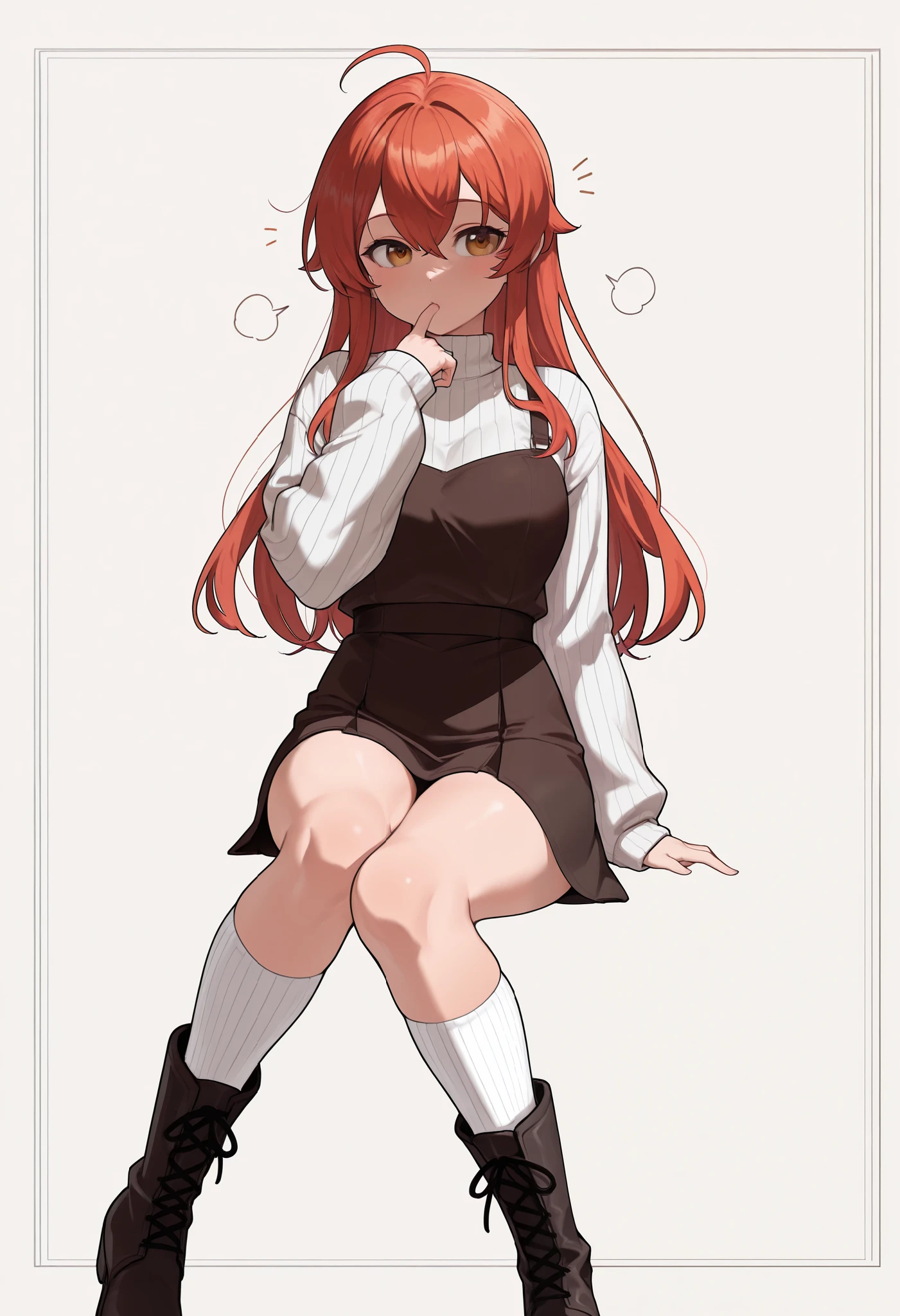 The character in the image wears a gray striped sweater White on the sleeves, which gives a casual and modern look . She is wearing a skirt white that fits the body , giving an interesting contrast with the sweater . The long white socks , with ribbed texture , they extend to her upper legs , adding an element of style to the outfit .
She is also wearing boots , that complete the casual and cozy look . The hair seems loose , and the character is in a relaxed pose , with a finger in the mouth, suggesting a playful or playful attitude . The background is neutral, highlighting her style and dress .