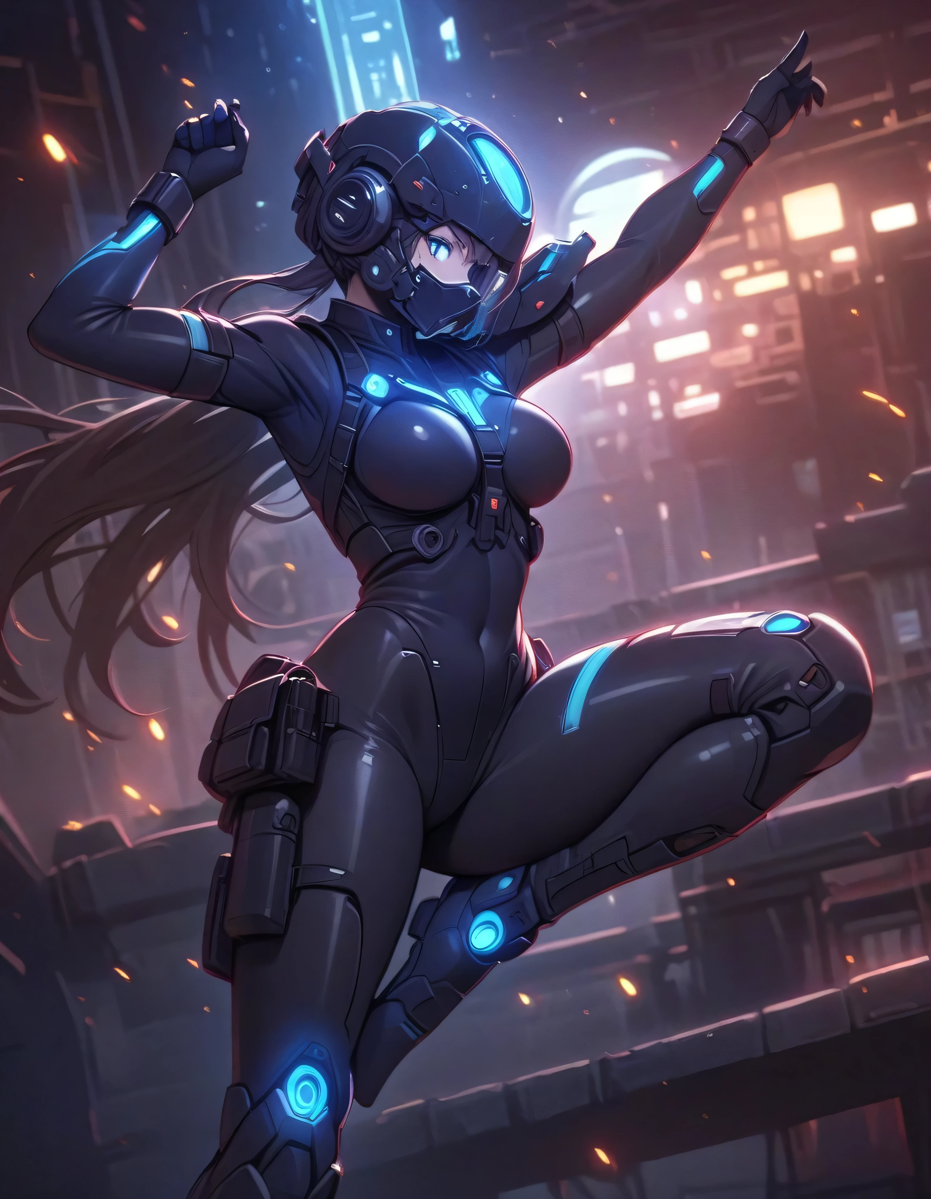(Holographic glow effect), Top quality, (Ultra high resolution), Japanese female, Small face,, ((Blue glowing eyes): 1.2), Mechanical eyes, Glowing eyes, Detailed eyes, Futuristic glow eyes, Well-defined eyes, Highly detailed face, Cowboy shot, Spaceship,( Tactical cyber bodysuit, Tactical cyber helmet, Detailed visor, Tactical holster, Elbow-length tactical gloves, Long boots), Standing with legs apart, (Cinematic lighting), ((Full body image)), (High kick: 1.5), A young martial artist performing a high kick. A dynamic, glowing ring of water surrounds her, radiating energy to create a vivid and intense atmosphere. The background features a dramatic urban nightscape with scattered sparks and reflections. The overall art style is highly detailed and anime-esque, featuring vibrant lighting and realistic textures. The body is surrounded by vortices of light and wind. The glittering railroad tracks. The sunlight filtering through the stained glass, the moon in the background, the pillar of light reaching up to the sky.
