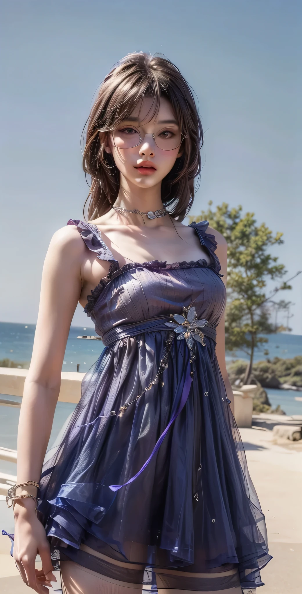 masterpiece, highest quality, Very detailed, Facing the camera, Complex detailed Super detailed, Realistic, Sharp features, Very detailed, Sharp focus, Perfect Face, Perfect Face, Perfect symmetrical perfect eyes, Perfect Plump Lips, Flexible female form, cinematic, Film Light, Super detailed, hyper Realistic, masterpiece, atmosphere, High resolution, Vibrant, Dynamic studio lighting, ((sunny Background)),, Straight bangs, blue eyes, eye glasses, purple doll, brown hair, Cowboy Shot, Big Breasts