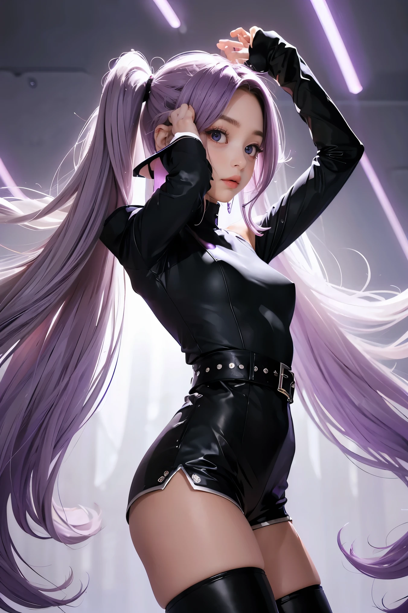 ,Best Quality, Ultra High Resolution, Cute, (KPOP Idol), (Long Twintail), (Light Purple Hair:1), ((Big Eyes)), Looking at you, BREAK ((upper body:1.3)), Front View,A character with long, flowing silver hair and a slender build, wearing a black and white outfit that includes thigh-high boots and gloves. The character is in a dynamic pose surrounded by ethereal purple crystals and energy, The character is in a dynamic pose surrounded by ethereal purple crystals and energy,A character with long, flowing purple hair, wearing a metallic top and black shorts with thigh-high boots. The outfit includes straps and belts, giving it a futuristic or fantasy style. The character is in a dynamic pose with radiant light or energy surrounding them, set against a minimalistic abstract background,
