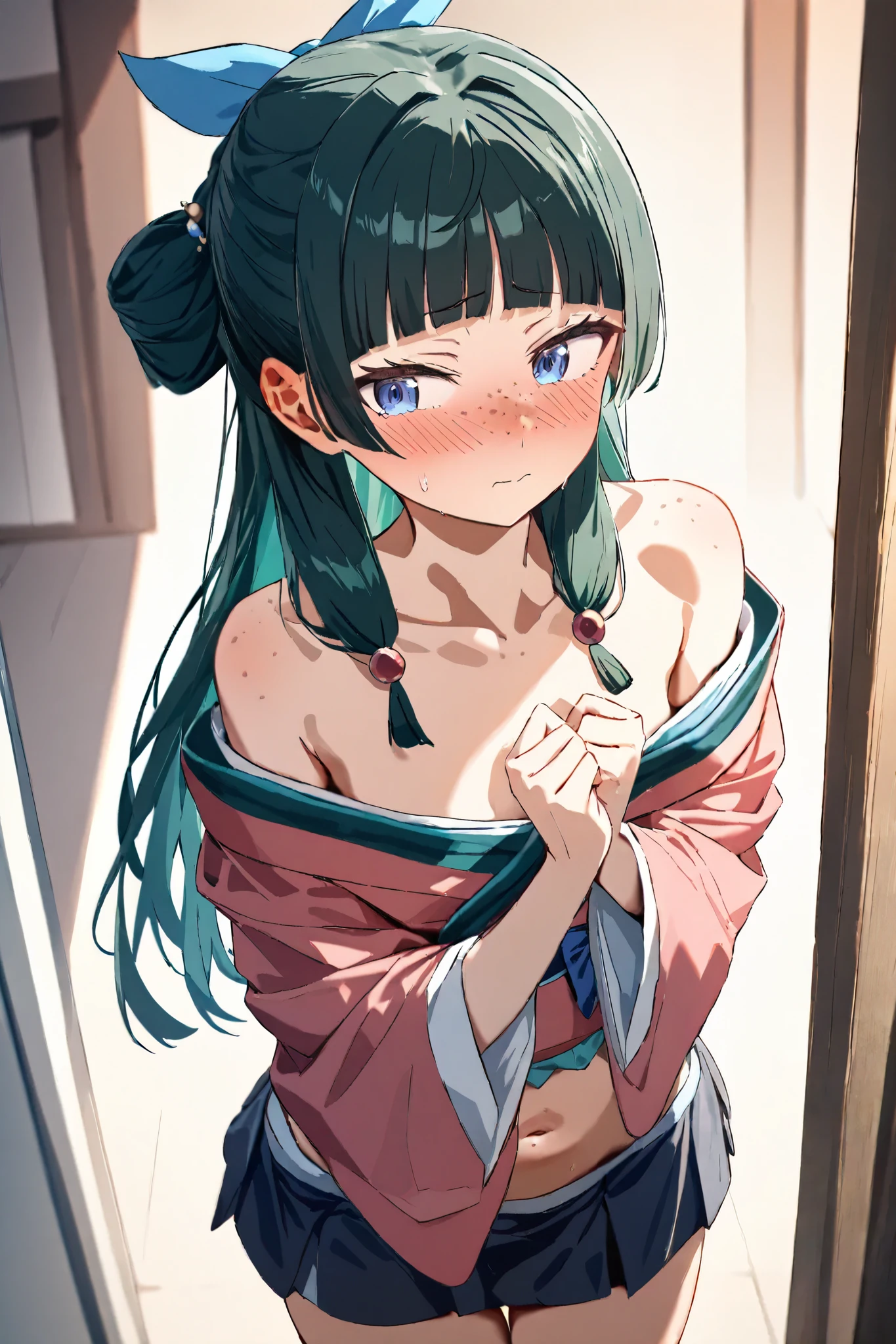 NSFW, Masterpiece, top quality, high resolution, very detailed,maomao、 long hair、bangs、 blue eyes、 hair ornament、 green hair、鈍いbangs、Freckles、 bun hair、 single bun, kimono, kimono, crop top, off the shoulder , miniskirt,Embarrassed,blush