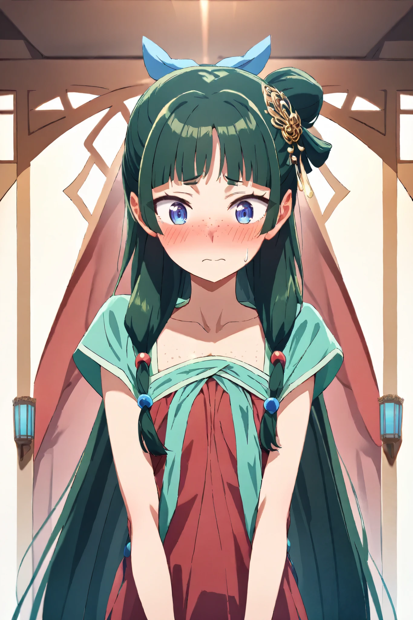 NSFW, Masterpiece, top quality, high resolution, very detailed,maomao、 long hair、bangs、 blue eyes、 hair ornament、 green hair、鈍いbangs、Freckles、 bun hair、 single bun, dress ,Embarrassed,blush