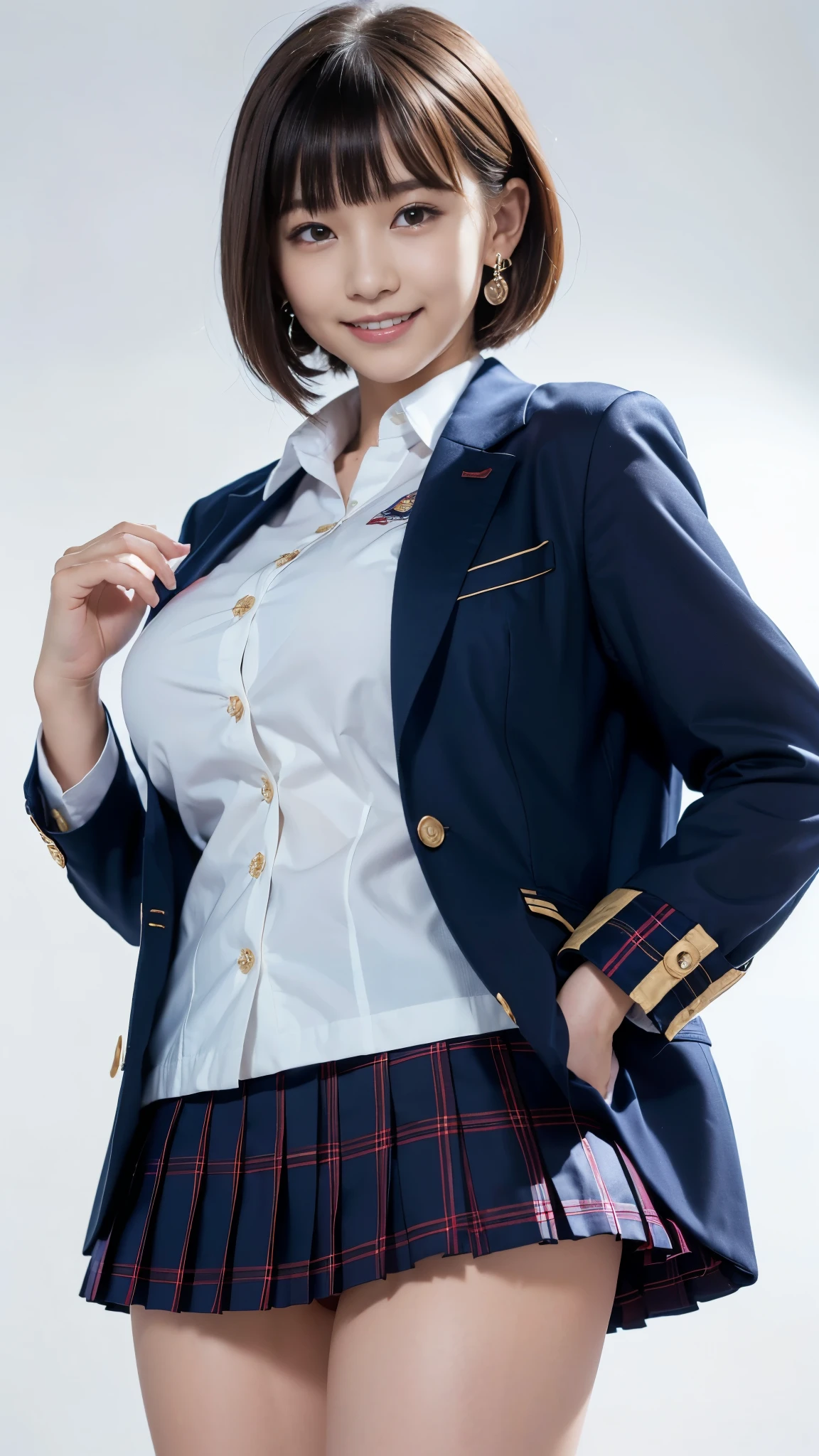 top quality, Masterpiece, super high resolution, high-definition RAW color photo, pro pics, natural skin texture, fine skin, hyperrealism, smiles,Earrings,(bowl cut hair,Gigantic ass),(( high school girl uniform , white cutter shirt,navy blazer jacket, Plaid Pleated Mini Skirt,minimal background )),(from below,panty shot)