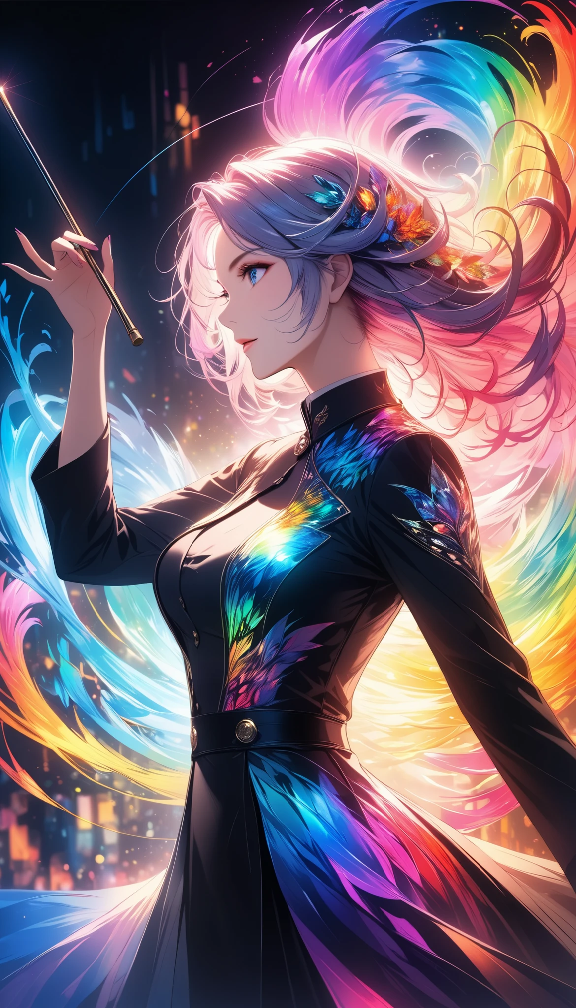 An attractive female conductor waves the baton ,  Details drawn in the air ,  Colored elements that make sounds appear ,  The pigments of transparent light that are colorful to the extreme form artistic images, Too beautiful creativity ,  Perfectly adjusted quality , 