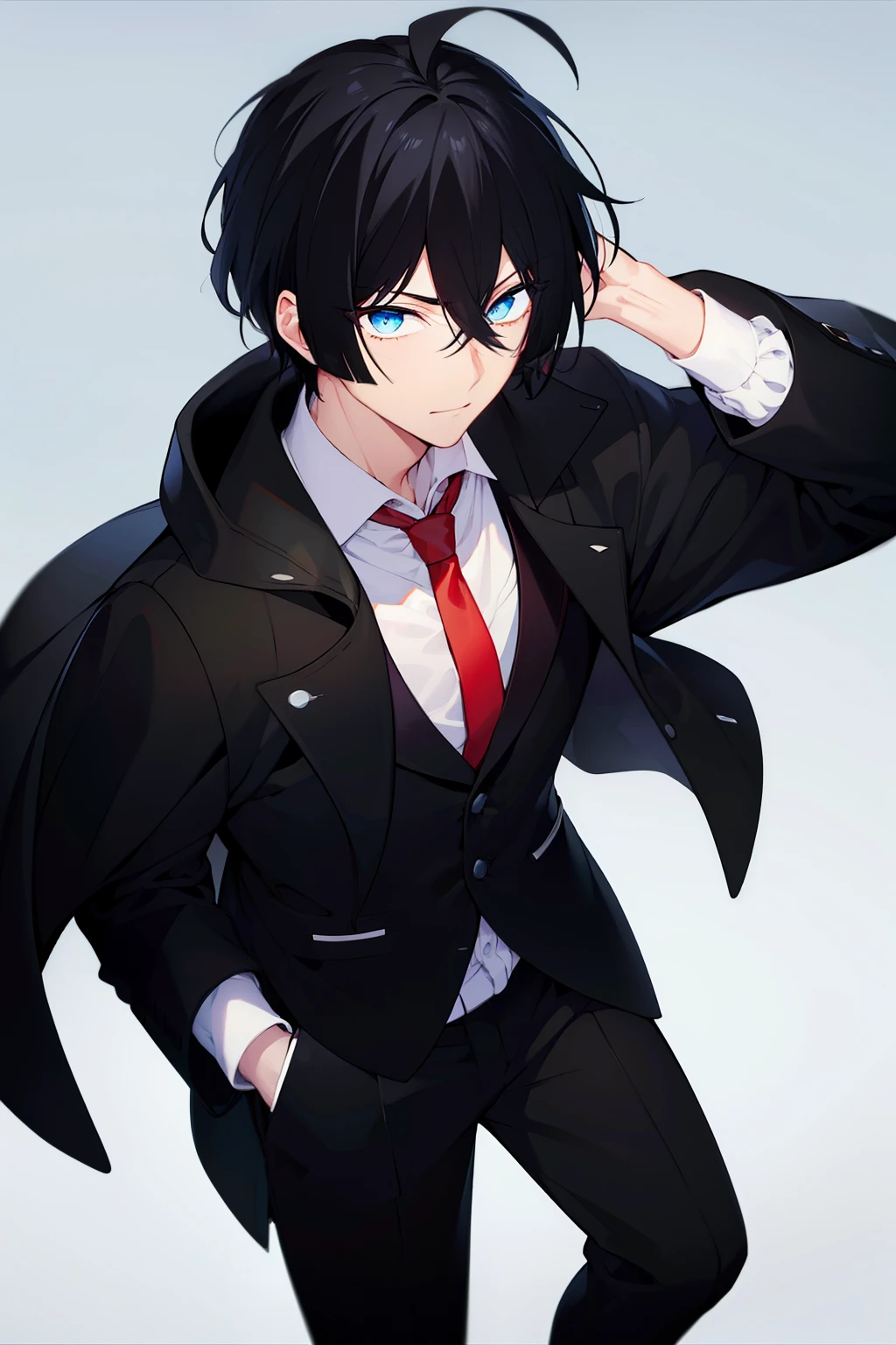 (high-quality, breathtaking),(expressive eyes, perfect face), 1boy, male, solo, young adult, black hair , deep red coloured eyes, gentle smile, slightly messy with layered strands, medium length, side-swept fringe partially covering the forehead, subtle ahoge at the top, gentle wavy flow, hair between eyes, fantasy clothing, Black detective-style hoodie with a raised collar, white collared shirt visible underneath, loosely tied red necktie, black formal trousers, black and white shoes