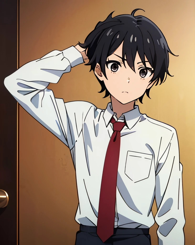Anime boy, chibi, , black hair, wearing white shirt, red tie, awkward, hand on head, white shirt