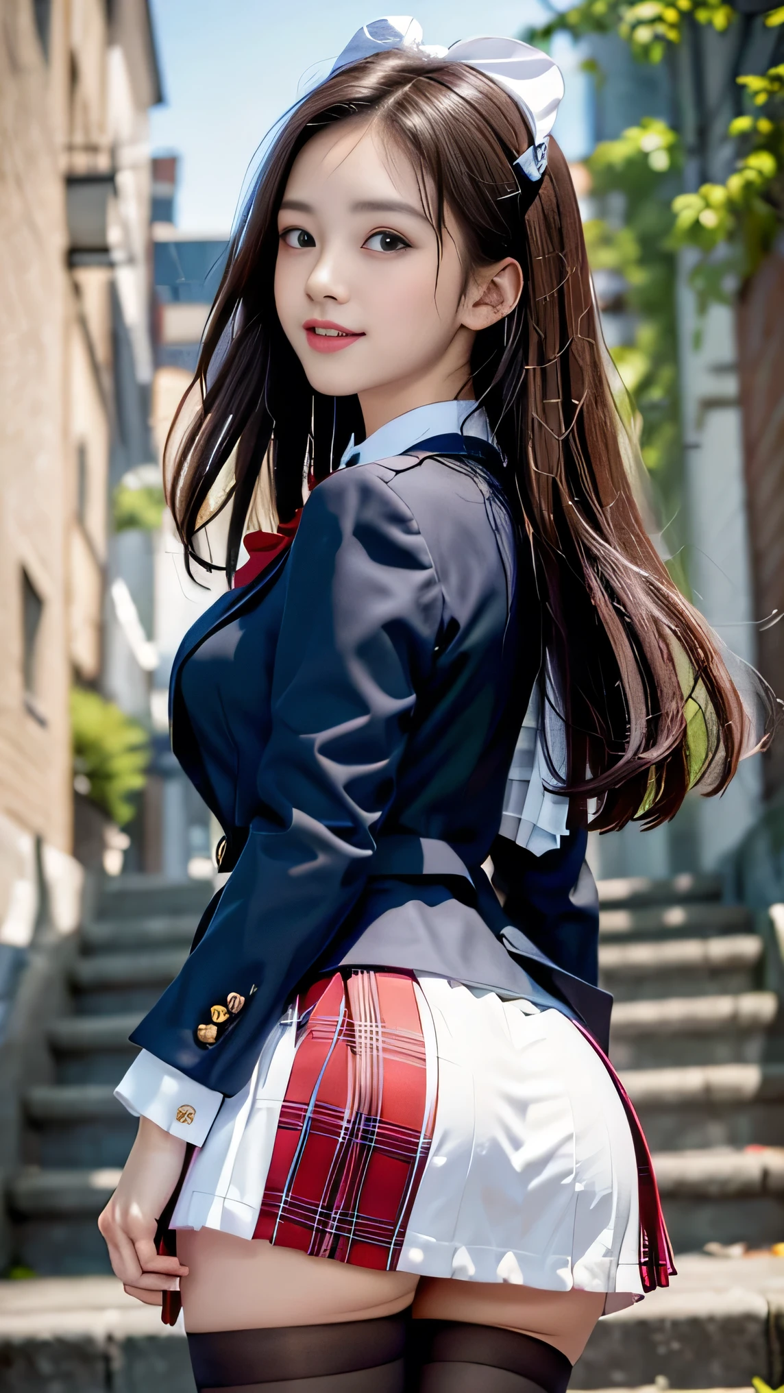 1girl in, Dark blue hair, Bangs, Long hair, Sparkling eyes, longeyelashes, makeup, lightsmile, depth of fields, One-person viewpoint, close-up, From below, wide angles, F/1.8, 135 mm, canon, nffsw, retinas, masutepiece, ccurate, Anatomically correct, Textured skin, Super Detail, high details, High quality, Best Quality, hight resolution, 1080p, 4K, 8K,(Female student climbing the stairs of school),46-point diagonal bangs,female students、((uniform: White blazer with emblem on the chest))、Translucent white blouse、(red bowtie)、((Miniskirts in bright colors,Check stripe)()、A smile,((Skirt soars in the wind)),((White T-back panties visible)),((posterior view)),((Looks Back))、
