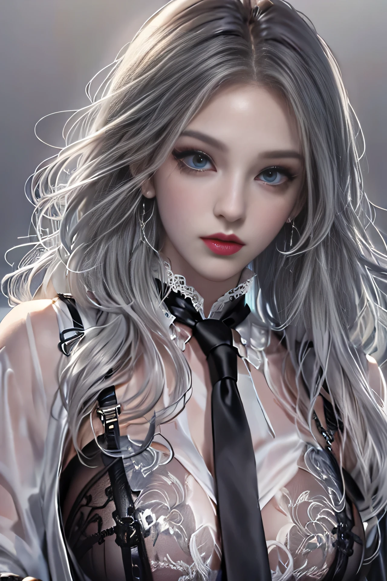 Photorealistic, High resolution, 1 Women, Solo, hips up high, Beautiful eyes, Close lips, Detailed face, White hair, Long hair, Collared shirt, loose black necktie,Black skirt, pencil skirts, Fur coat, Black stockings、off shoulders、