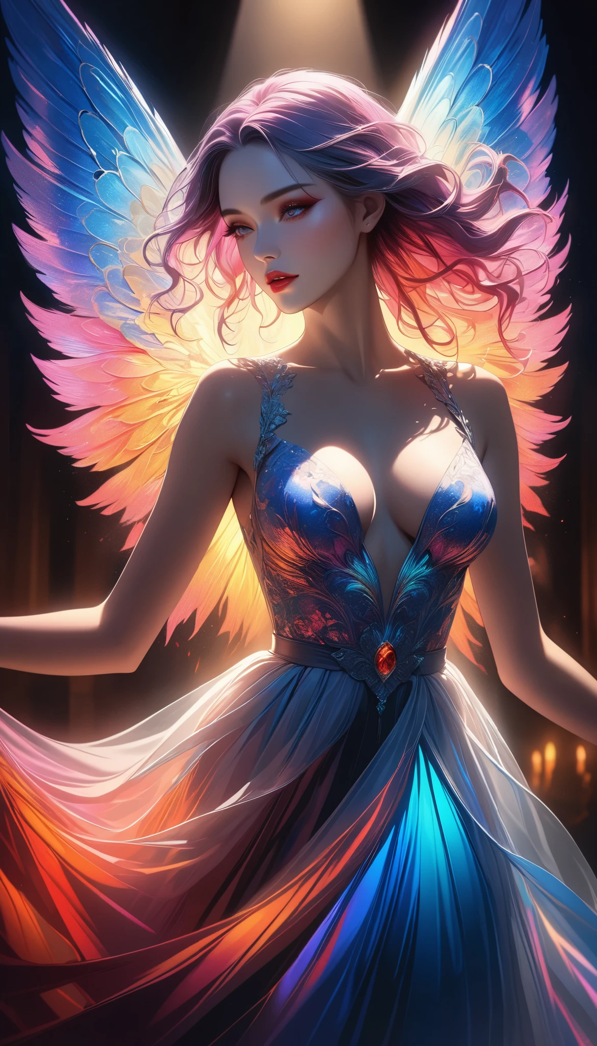 1 woman singing a song, detailed lines in air, colorful pigments emerge evoking music, vibrant transparent color pigments forming artistic imagery, exquisite creativity, perfectly balanced quality, dramatic lighting, cinematic composition, hyper realistic, 8k, masterpiece, porcelain skin, flowing dress, elegant posture, intense focus, dramatic shadows, vivid colors, warm lighting, beautiful detailed eyes, beautiful detailed lips, extremely detailed face, long eyelashes, oil painting, digital art, hyperrealism, vibrant colors, dramatic lighting, cinematic angle, mesmerizing, ethereal, graceful, powerful, majestic