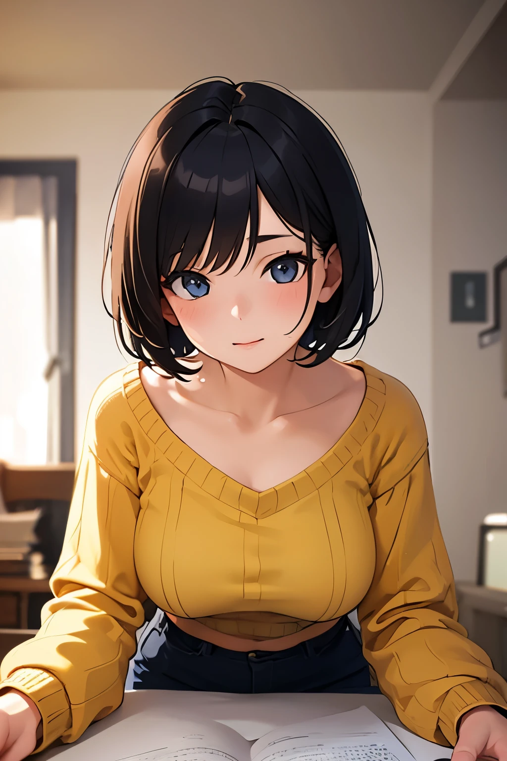 Anime girl sitting at a table with a book and a pen - SeaArt AI