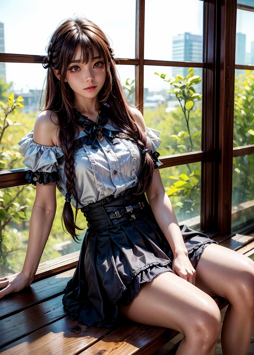 masterpiece , top quality , very detailed , 1 person, ((contrasting eyes)) , standing , blouse, skirt , bangs , room , indoor