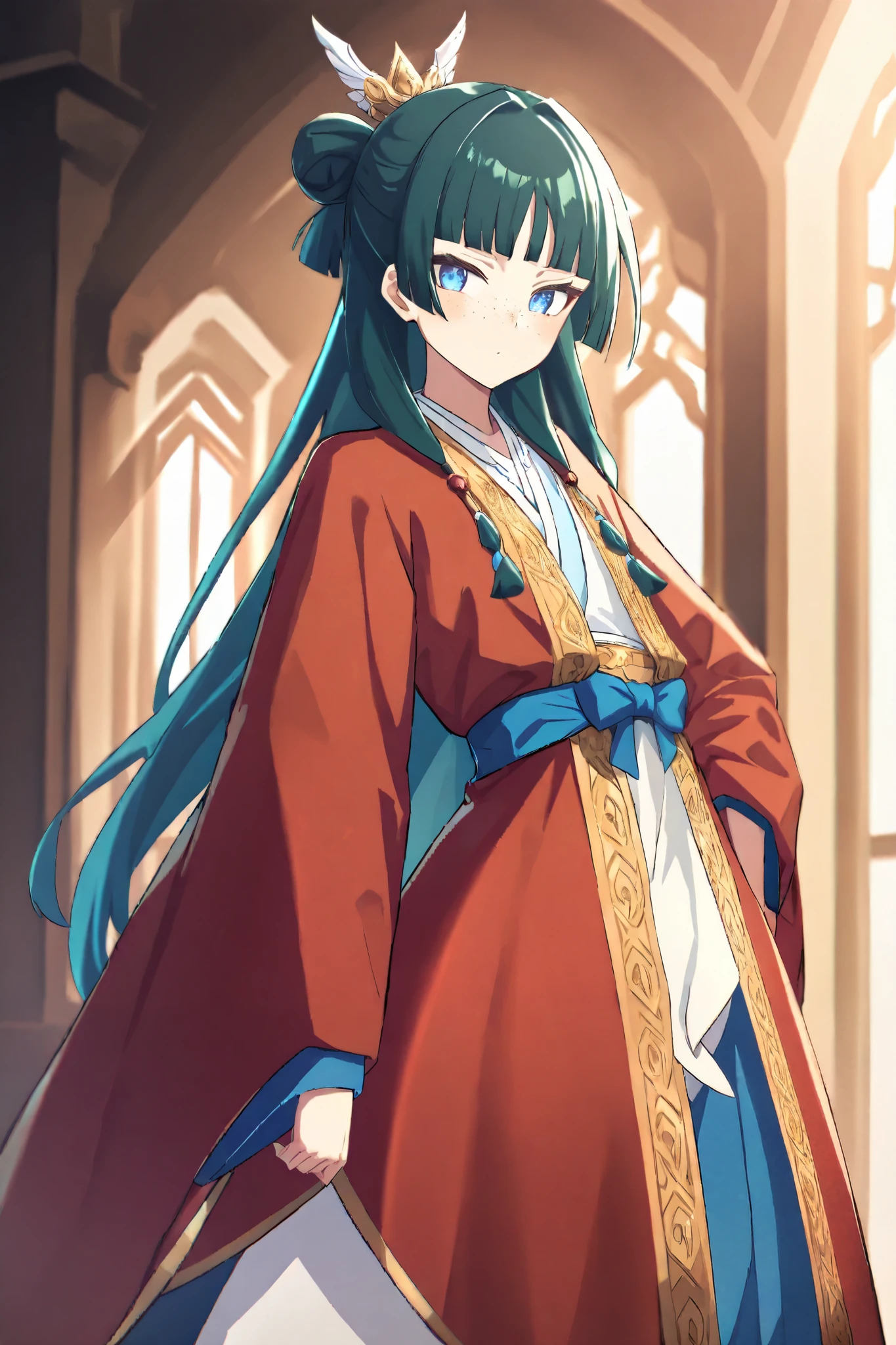 NSFW, Masterpiece, top quality, high resolution, very detailed,maomao、 long hair、bangs、 blue eyes、 hair ornament、 green hair、鈍いbangs、Freckles、 bun hair、 single bun, kimono、Robe、緑のRobe、 Long Sleeve、wide sleeve 、 skirt、赤い skirt,Mansion, zitoida,Lady of Court