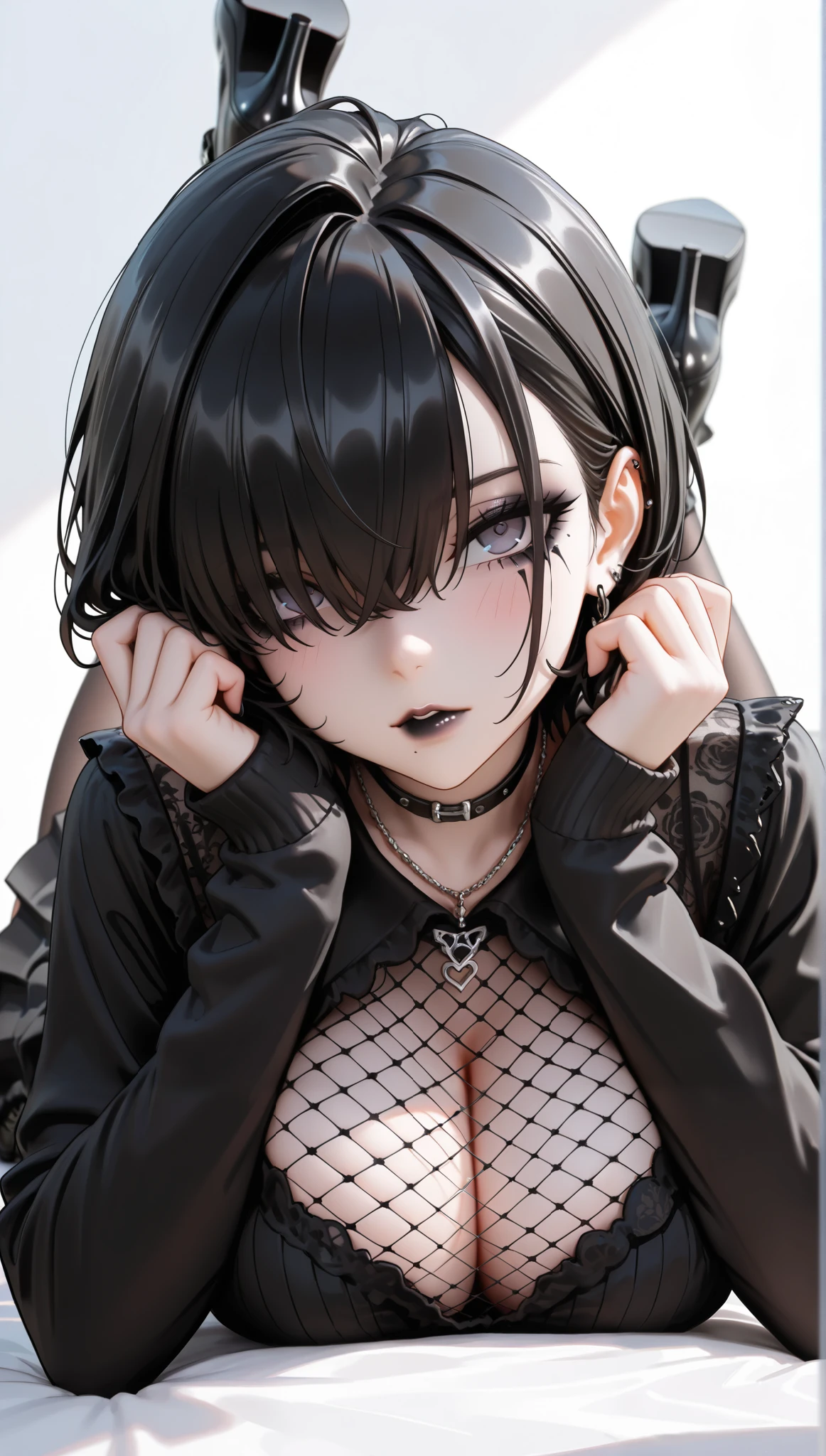 hot goth, black hair with black highlights, hair over eyes, white bangs, gothic makeup (best quality, 8K, 32k, masterpiece, Ultra HD:1.2),Photos of beautiful Japanese women, Large Breasts, Super Short Bob Hairstyle,Upper Body,(black mesh blouse, long sleeves, sexy:1.1) necklace, Simple background, lying on the bed, legs open, black pleated skirt, ripped mesh tights, black platform boots
