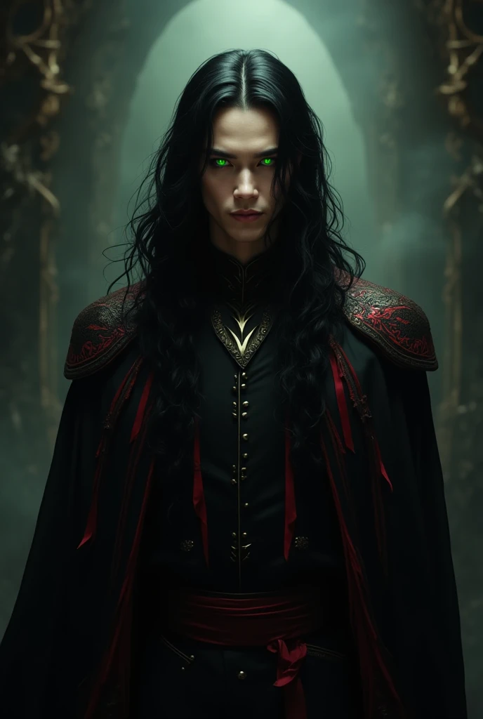 Create a prince with long black hair, white ,  green eyes, And a black cover with red lines