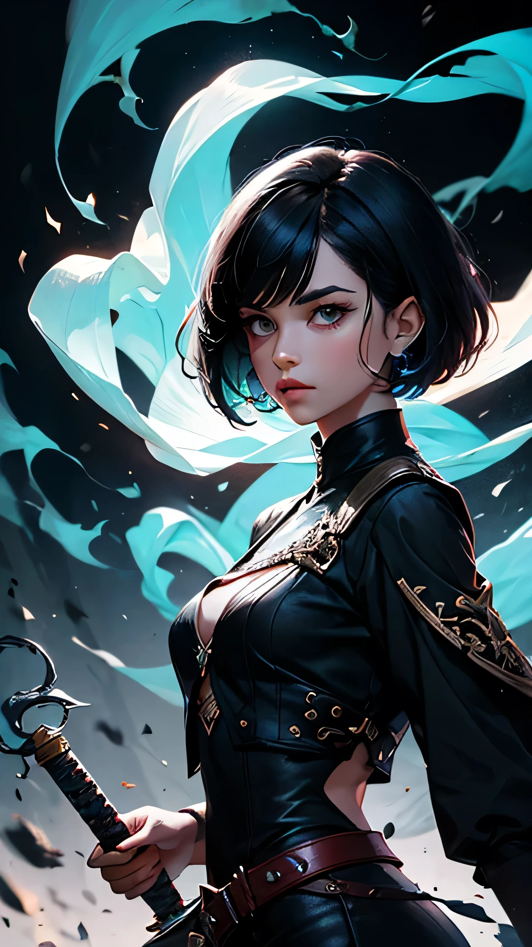 Create an illustration of a woman with short black hair and black clothes, com uma sword, Blowing colored smoke out of the mouth, inspired by the character Vivenna from the book Warbreaker, Where do you represent the magic of the literary universe called BreathsHigh Resolution, colored smoke, short hair, black hair, sword