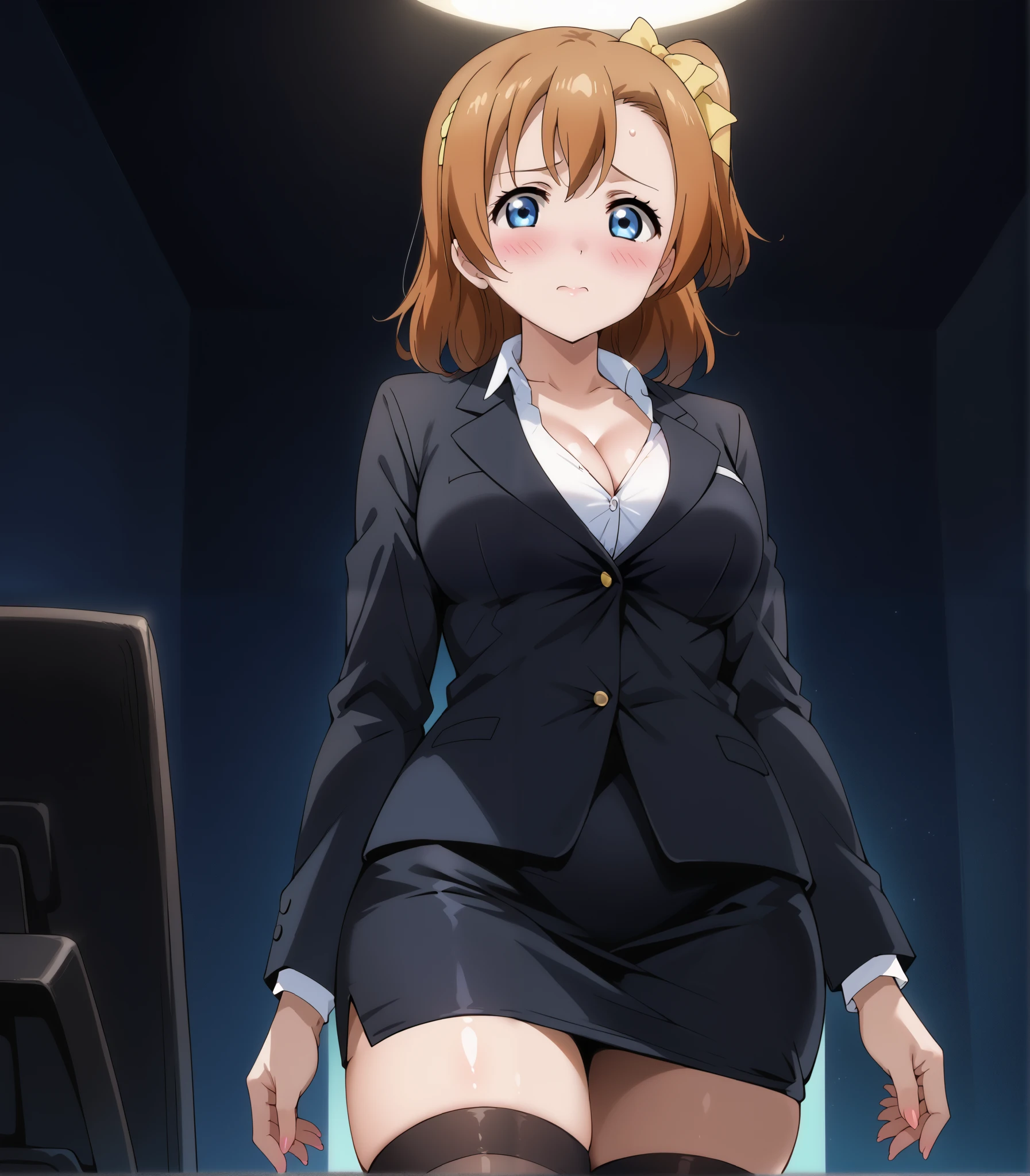 score_9, score_8_up, score_7_up, source_anime, 4K,perfect fingers,(perfect hands, perfect anatomy),prefect lighting, very aesthetic, intricate details,highly detailed background, masterpiece, high quality, best quality,
1 girl,solo,honoka kousaka, blue eyes, brown hair, hair bow, orange hair, one side up, short hair, yellow bow, mature female,large breast,,
wearing (office lady,black suit jacket, white t-shirt ,black pencil Skirt,thighhighs,cleavage,  ),
standing, looking, embarrassed,wide hips, evil cute nervous, dynamic angle, blushing,