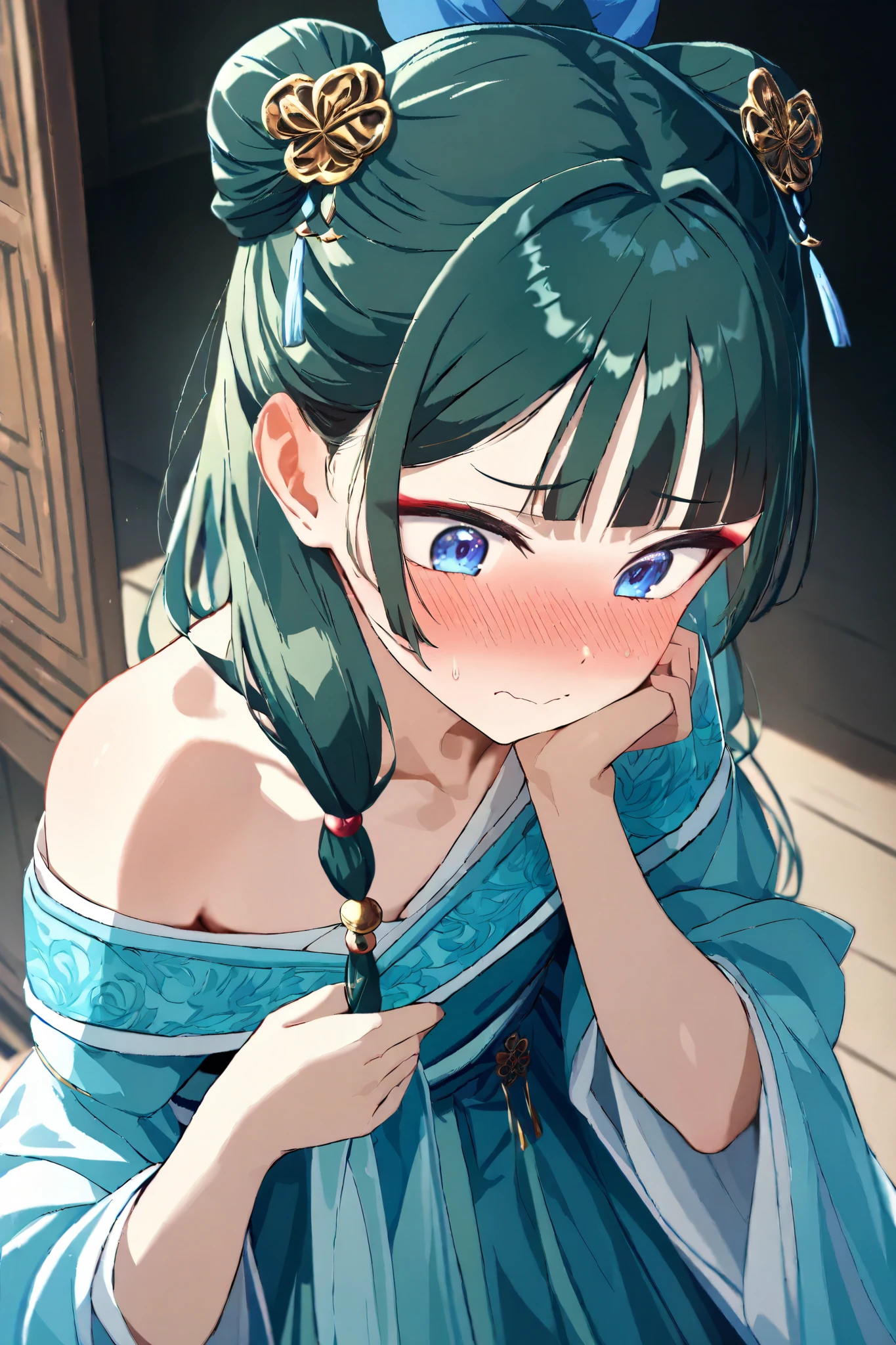 NSFW, Masterpiece, top quality, high resolution, very detailed,maomao、 long hair、bangs、 blue eyes、 hair ornament、 green hair、鈍いbangs, eyeliner, lip gloss, bun hair、 single bun,High-quality dress, off the shoulder ,Embarrassed,blush