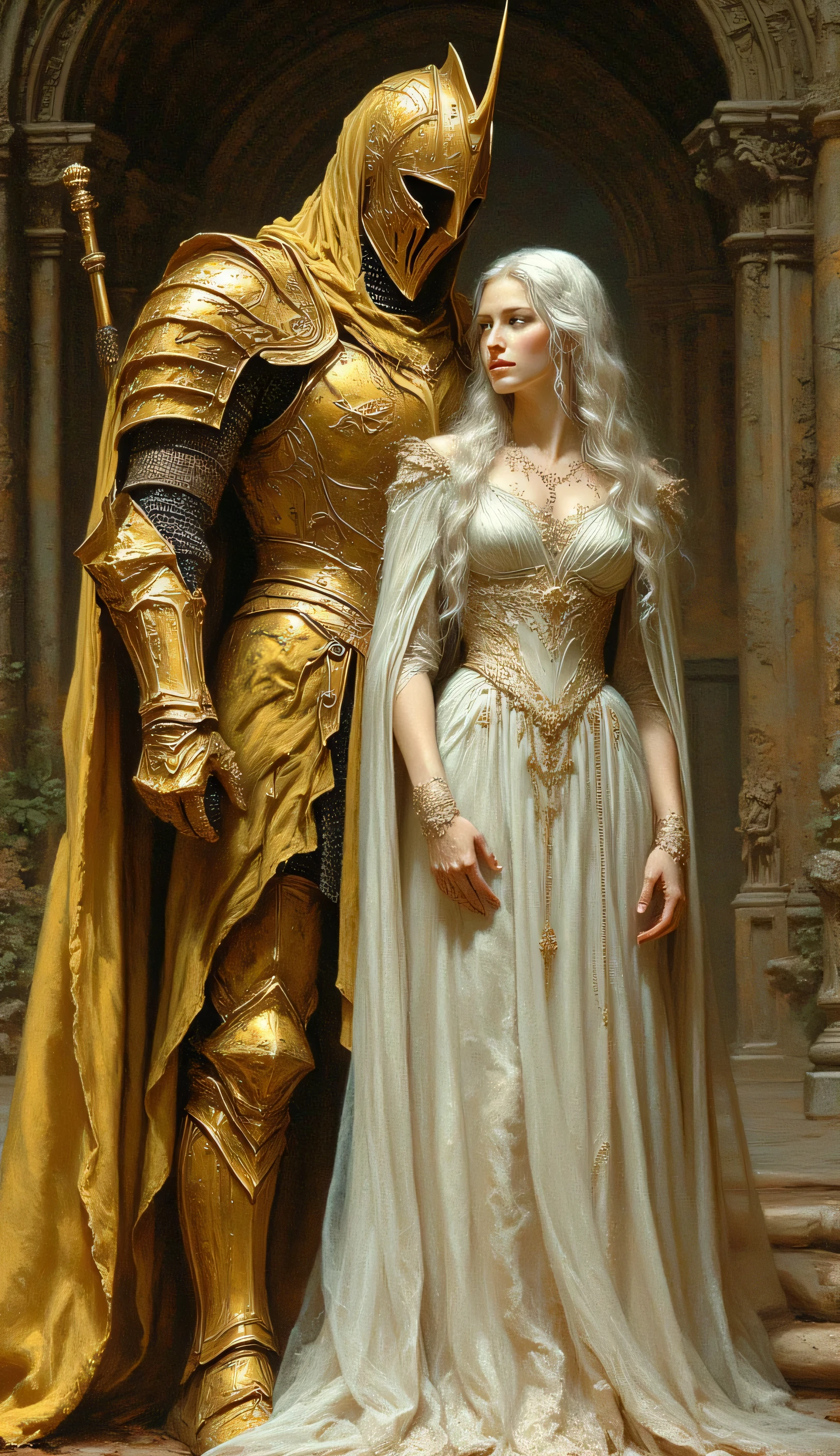 Golden Knight with a beautiful white-haired woman