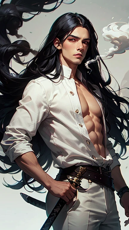 1boy, long hair, closeup crotch shot, sexy spread legs, toned, sharp wolf ears, wolf tail, black messy hair, golden eyes, thigh highs, black micro-thong, shirtless