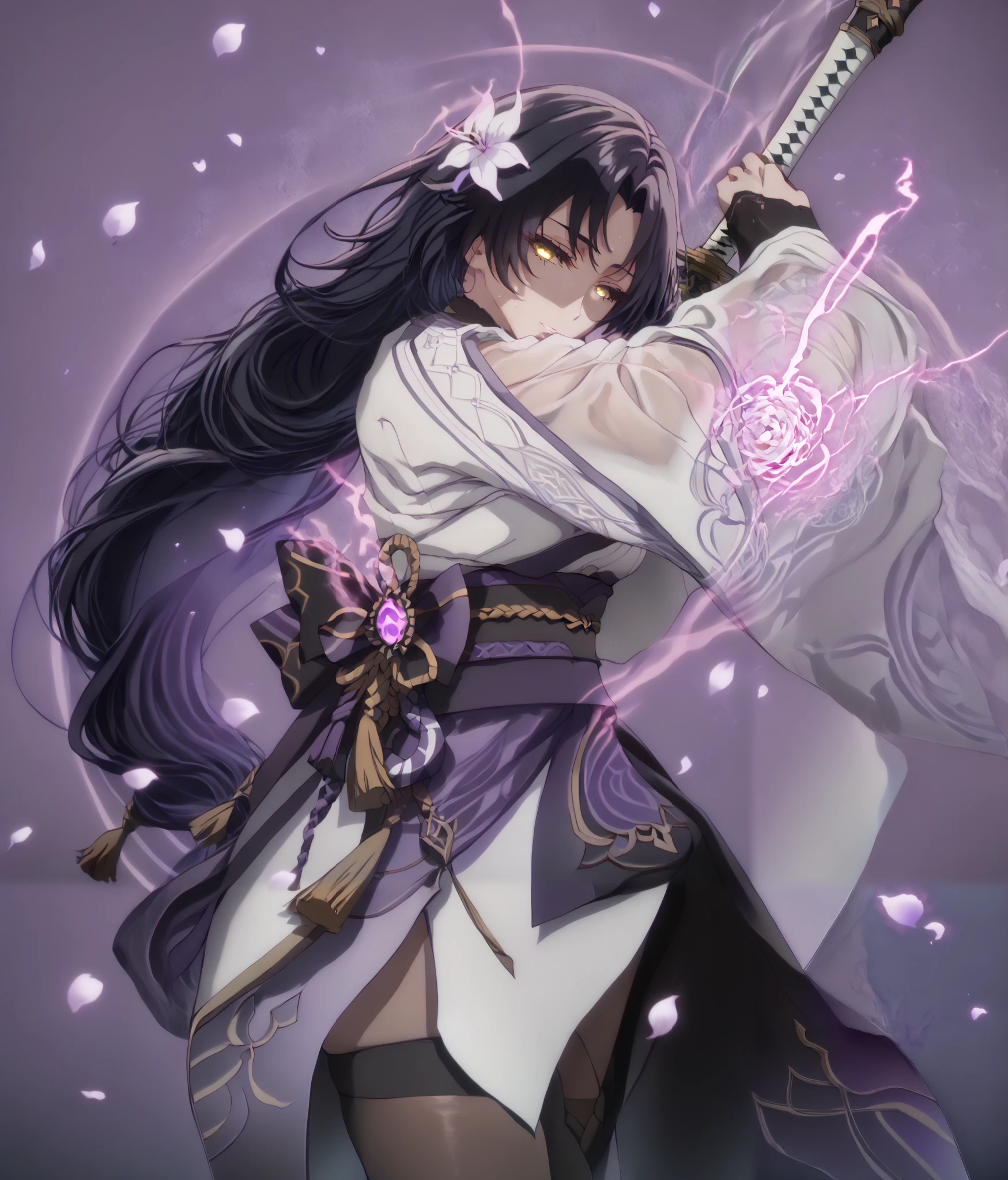 score_9, score_8_up, score_7_up, score_6_up, uncensored, dominique de sade, long hair, ((black hair)), parted bangs, yellow eyes, black pupils, anime coloring, anime screencap, (voluptuous:1.3), (thick:1.3), BREAK UHD, retina, masterpiece, accurate, anatomically correct, textured skin, super detail, high details, high quality, award winning, best quality, highres, 4K, excessive sweating, sweating, sweating drop, (gasping, heavy breathing:1.3), (skindentation:1.2), perfect eyes, beautiful eyes, eyelashes, makeup, detailed body, perfect body, BREAK, 1girl, solo, japanese_clothes, sword, weapon, breasts, holding_sword, kimono, holding_weapon, thighhighs, obiage, musou_isshin_(genshin_impact), purple_flower, looking_at_viewer, obi, holding, sash, flower, tomoe_(symbol), obijime, mitsudomoe_(shape), electricity, cleavage, wide_sleeves, bridal_gauntlets, tassel, closed_mouth, long_sleeves, egasumi, petals, katana, ribbon, falling_petals, purple_nails, drawing_sword, vision_(genshin_impact), purple_thighhighs, shaded face, (aura:1.4), simple background