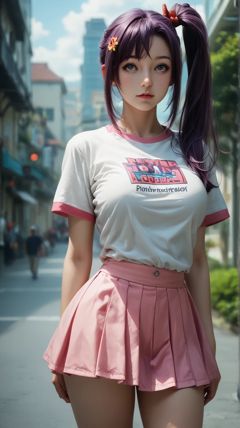 Movie poster for girl named pretty humanoid girl with pretty magenta pink eyes with really pale skin and really long magenta hair in side twintails with a long hime fringe and swooped side bang and a magenta pink tube top and white school shirt and short school miniskirt and other people on it but her shown bigger and her life as a orphan and going to a big modern school with her unique outfit style and cool friends with real people and everything