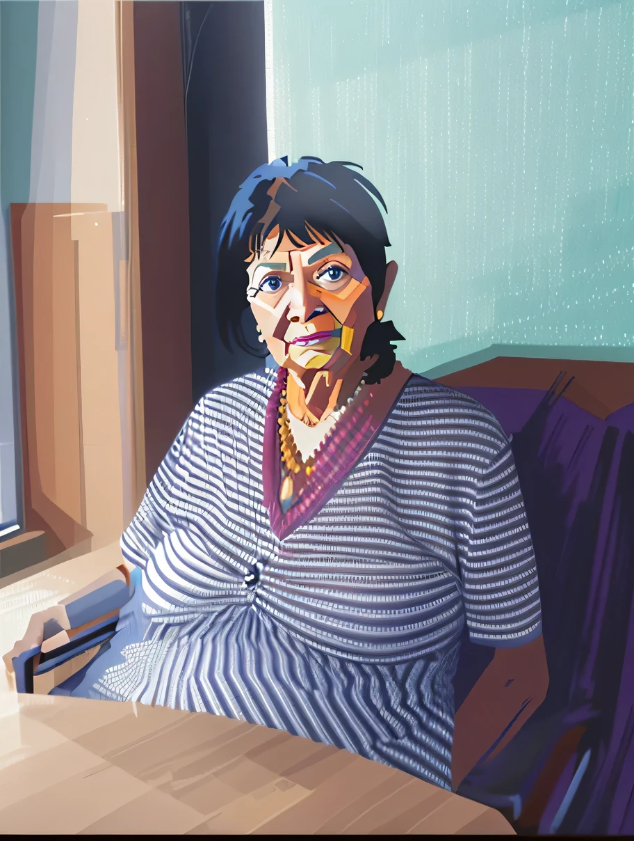 there is a woman sitting at a table with a box on it, she is about 7 0 years old, 7 0 years old, 70 years old, she is about 6 0 years old, pilar, magda torres gurza, 3 brazilian mother, the oracle of the mayan elders, older woman, lorena avarez, 3 0 years womanHD, (Best Detail), (Best Quality), WPAP style, color coordination,