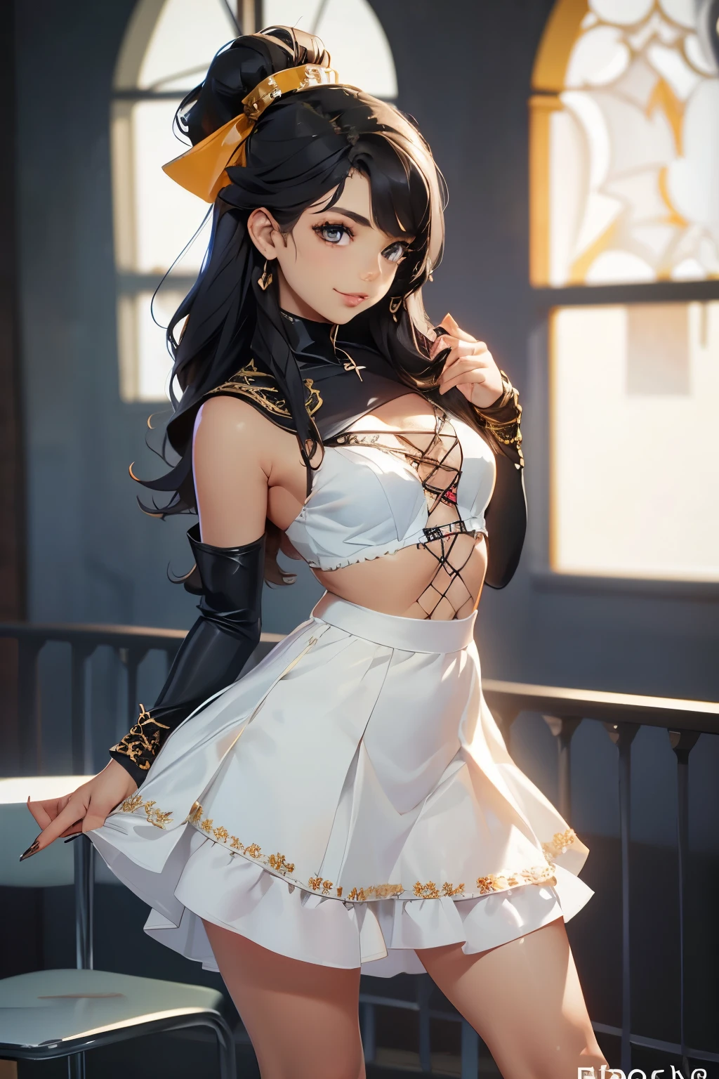 Beautiful Romanian woman . 18 years old . Romanian . Height 170 centimeters. Breast size 3 . black hair . black eyes . Wearing a light dress . smiles sweetly .