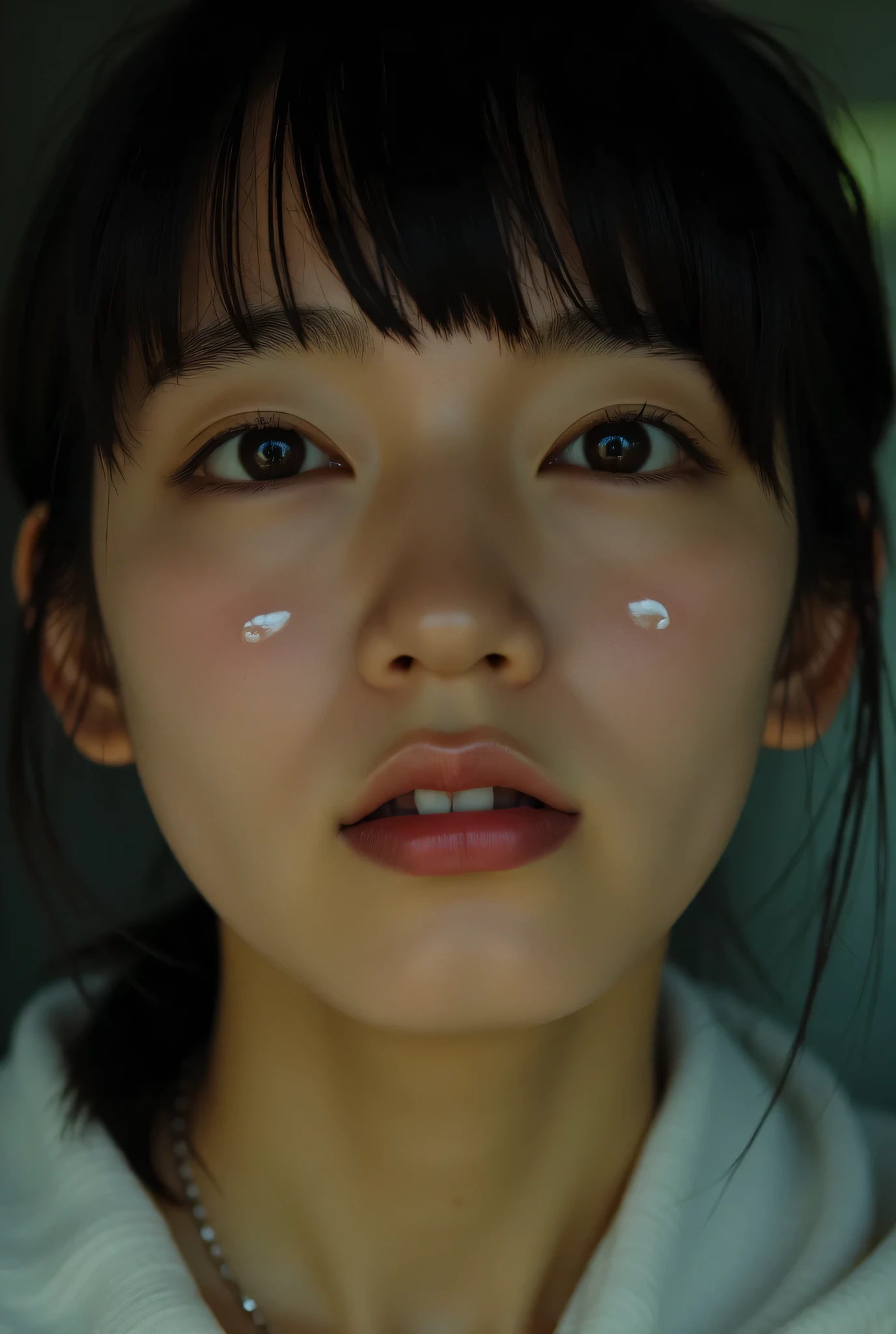  There are a lot of white drops on the woman's face、 look into her eyes and let her spit、 from below 、 Thin bangs 、       white skin、      にした white skinのボブ,        beautiful eyes,         photorealistic,       Like in the movies   (Bloomers)  , 8k,   Hyper Details,         studio lighting       ,       Dramatic Chiaroscuro      ,        movie      ,        Moody Lighting      ,        dramatic shadow       , Wide color gamut      ,        vibrant, Oil,  Masterpiece,        complicated details,        Super Real ,   while looking at the camera in a conventional gondola  、  Zoom out using  